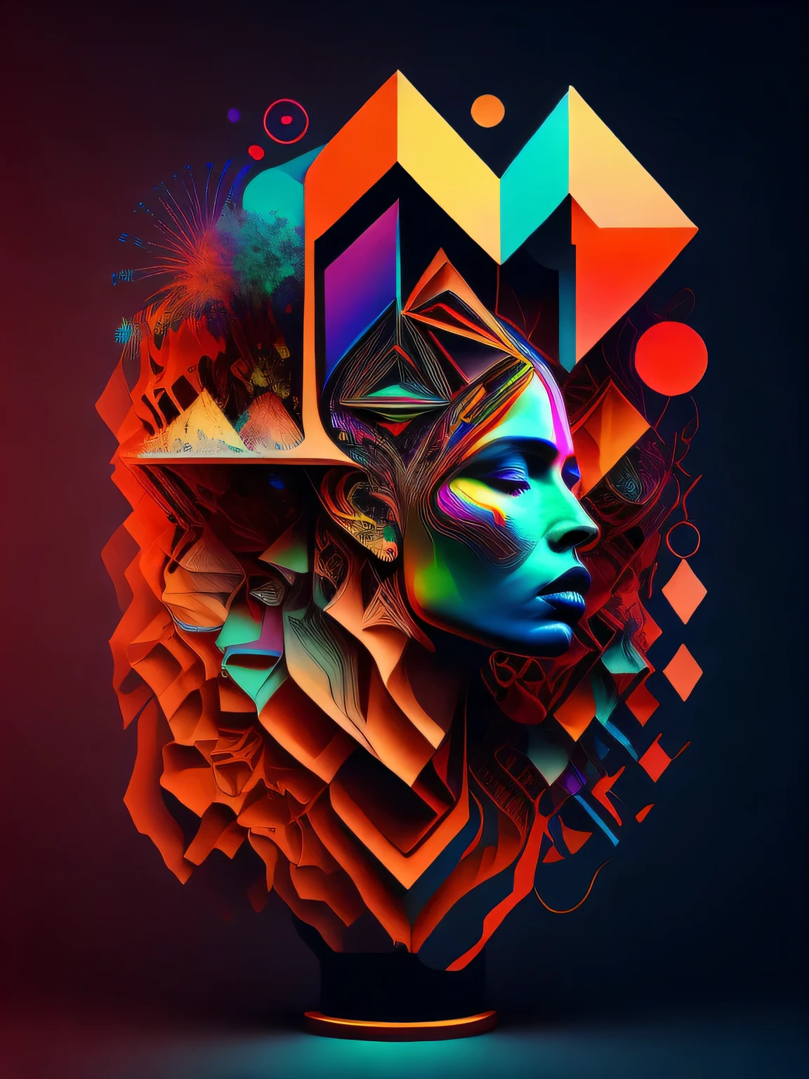 A woman&#39;s head with many geometric artworks., colores neon