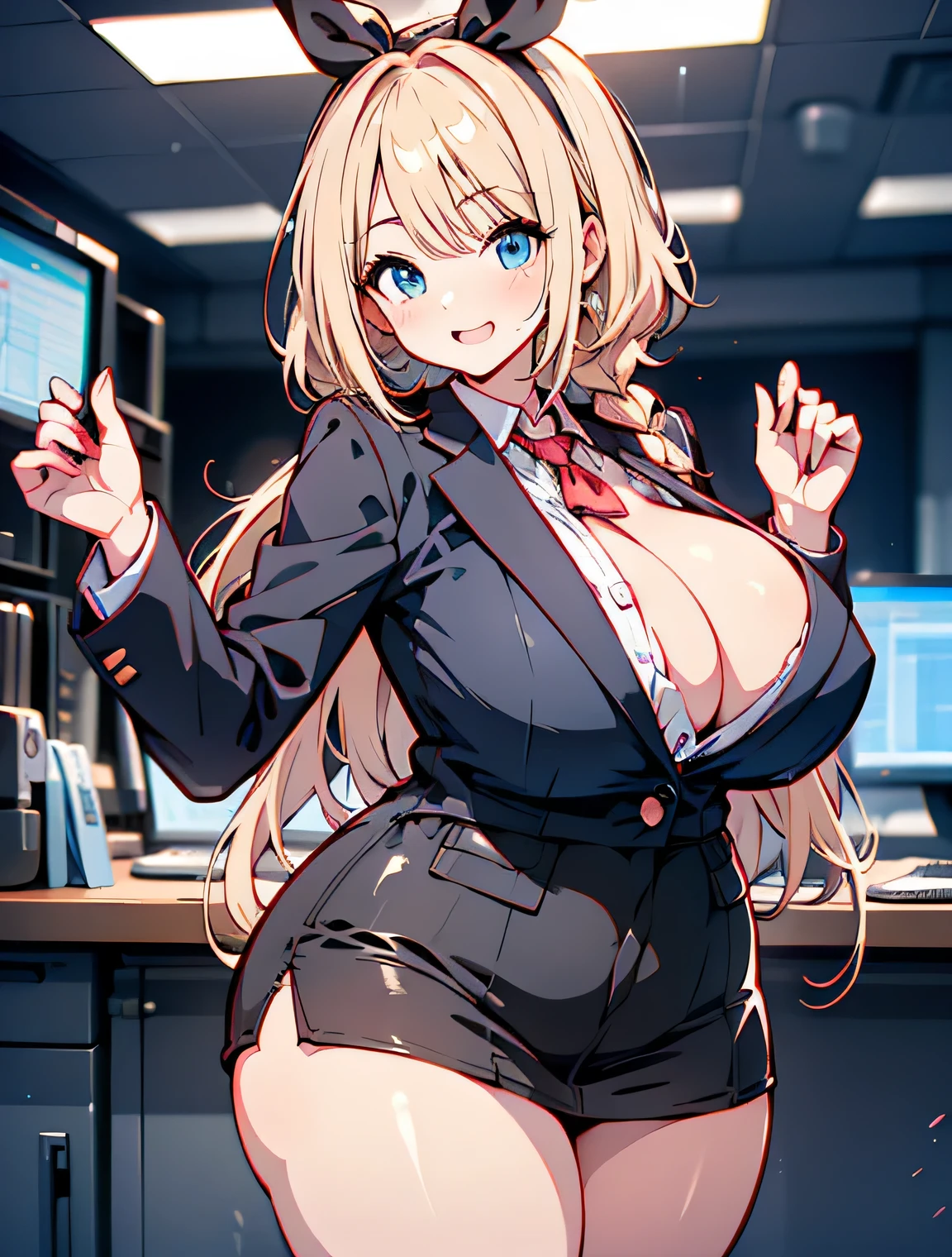 Erotic Anime Illustration、High resolution、A voluptuous high school girl who seduces herself in the broadcasting room、beautiful eyes、Kagamine rin、blazer、ecstatic expression、Overwhelming huge breasts that go beyond common sense、thick legs with fat、perfect proportions、cowboy shot