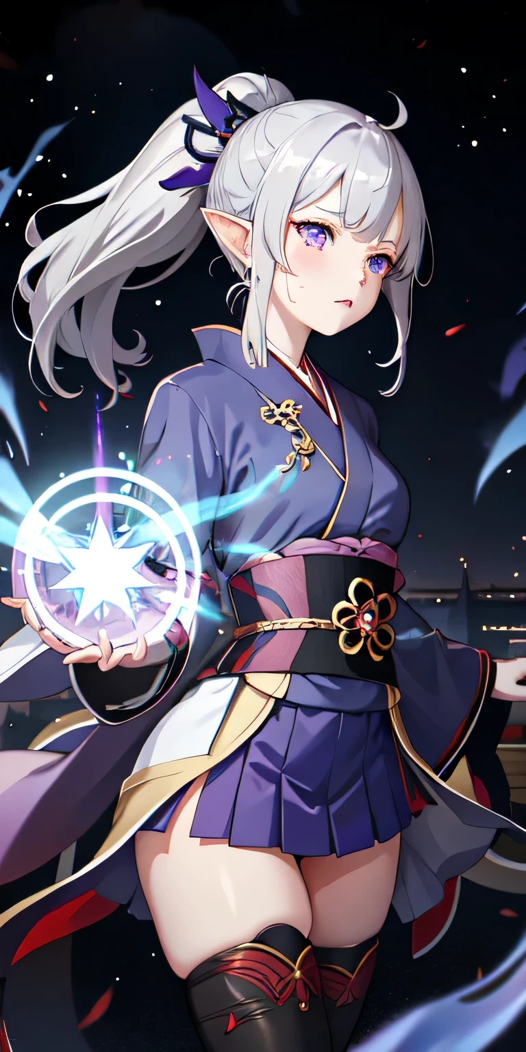 1 girl, kimono, goblin,Freelen,ponytail ,gray hair, purple eyes, magic circle, blue fire, blue flame, wallpaper, landscape, Blood, Blood splatter, written boundary depth, night, particles of light, light, side light, thighs, destiny \(series\), genshin impact, ****, open jacket, skirt, Thighhighs, cloud