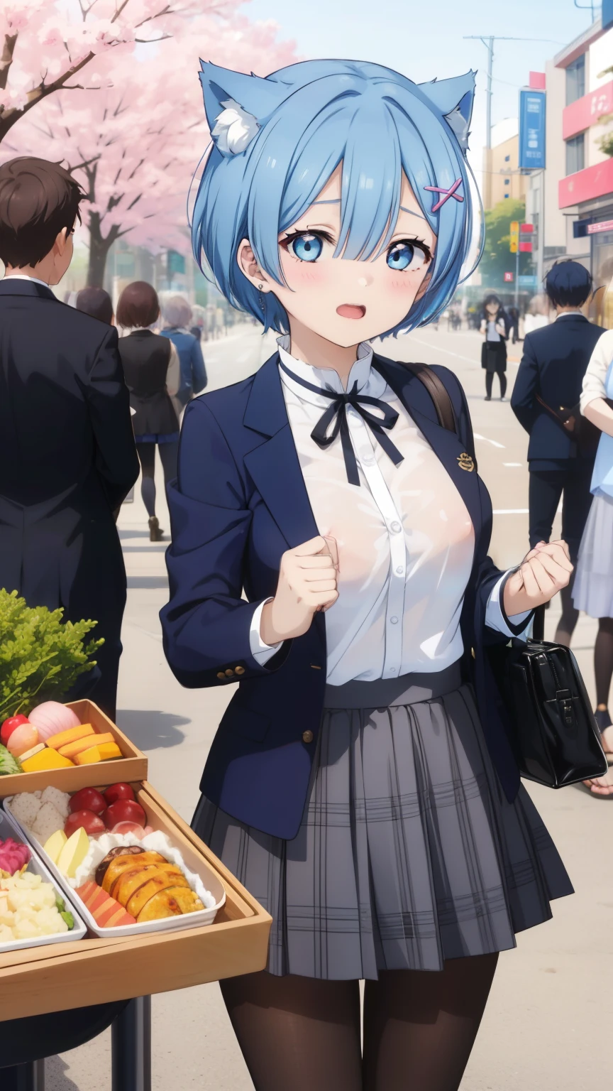 Rem from Re:Zero、light blue hair、short hair、table top、High resolution、many girls multiple girls、large crowd、lots of cute girls、big and full breasts、naughty body、See-through、throw、、whole body、Are standing、Look up at me、confused face、blush、embarrassing、Excited、white breath、black pantyhose、female shape&#39;Private parts are clearly visible、I can see your nipples、white shirt、navy check skirt、micro mini skirt、very short skirt、Bento、Bento box、spring、Cherry blossom trees、SakuraFubuki、Many people々々々々々々、in the crowd、bare chest、show your chest、while holding the tray、place the chest on the tray、Upper grade、A lot of milk comes out from the nipples、Breast milk gushes from the nipple、Cat ear、blazer jacket、high 、white shirt、Blue Gingham Check Skirt、bangs that cover one eye、pink hairpin、