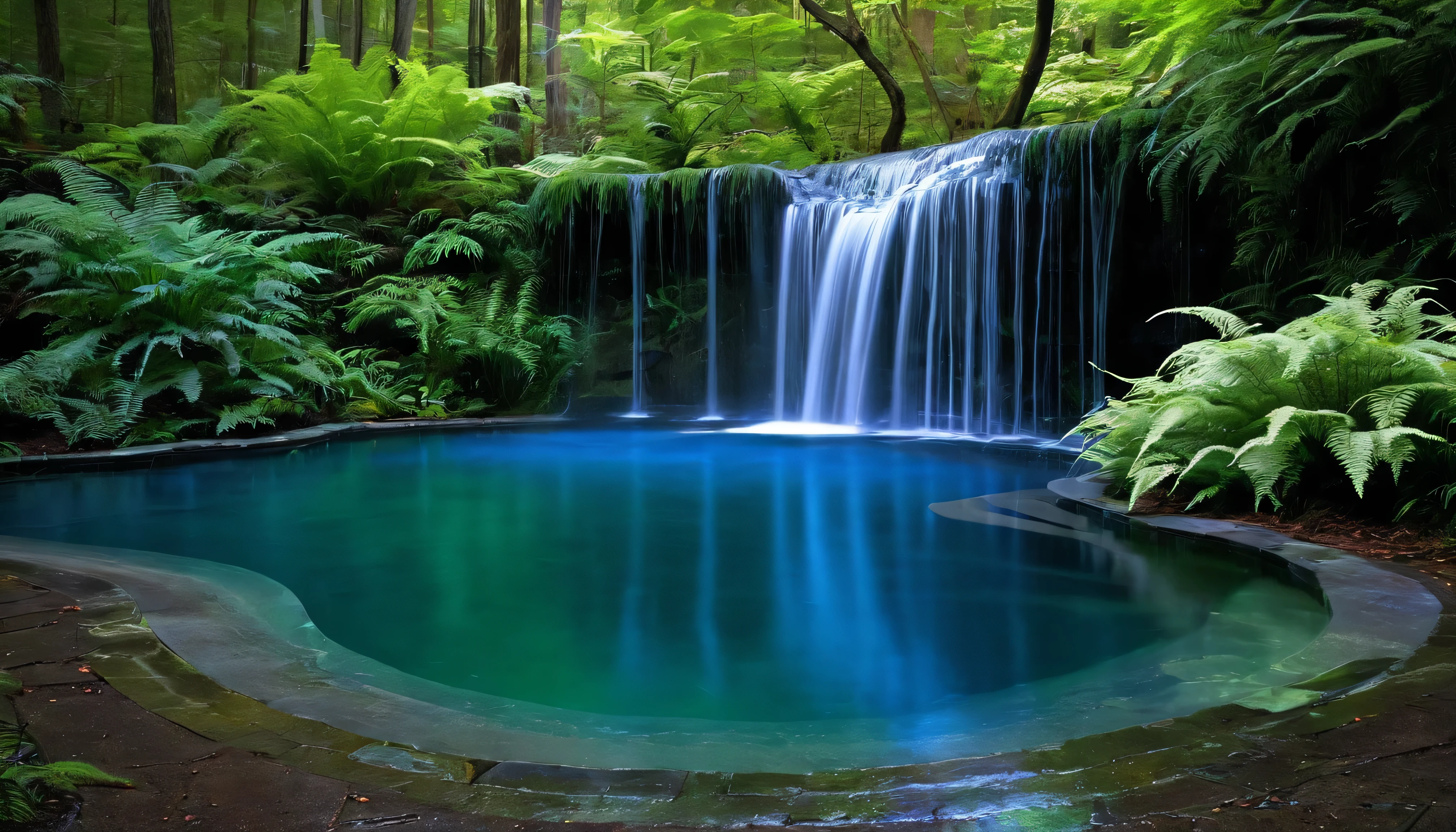 Create an image featuring a majestic waterfall cascading into a luminescent pool within a bioluminescent night forest. The water glows with a light of its own, mixing with the colors of the surrounding flora to create a spectacular spectrum of light. The surrounding vegetation, from towering trees to delicate ferns, is aglow, casting reflections in the shimmering pool. The scene should be peaceful yet awe-inspiring, capturing the harmonious blend of water and light in a setting untouched by time.