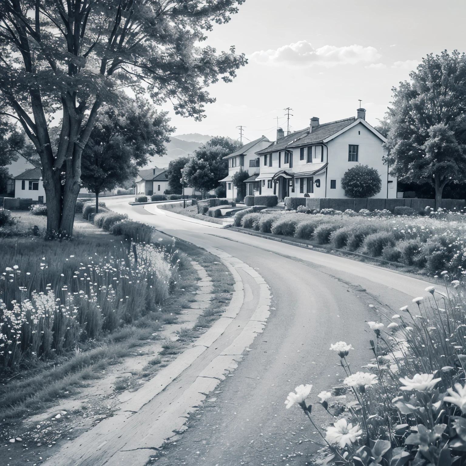 Can you make a sketch drawing all about roads, flowers, tress, houses, Fields