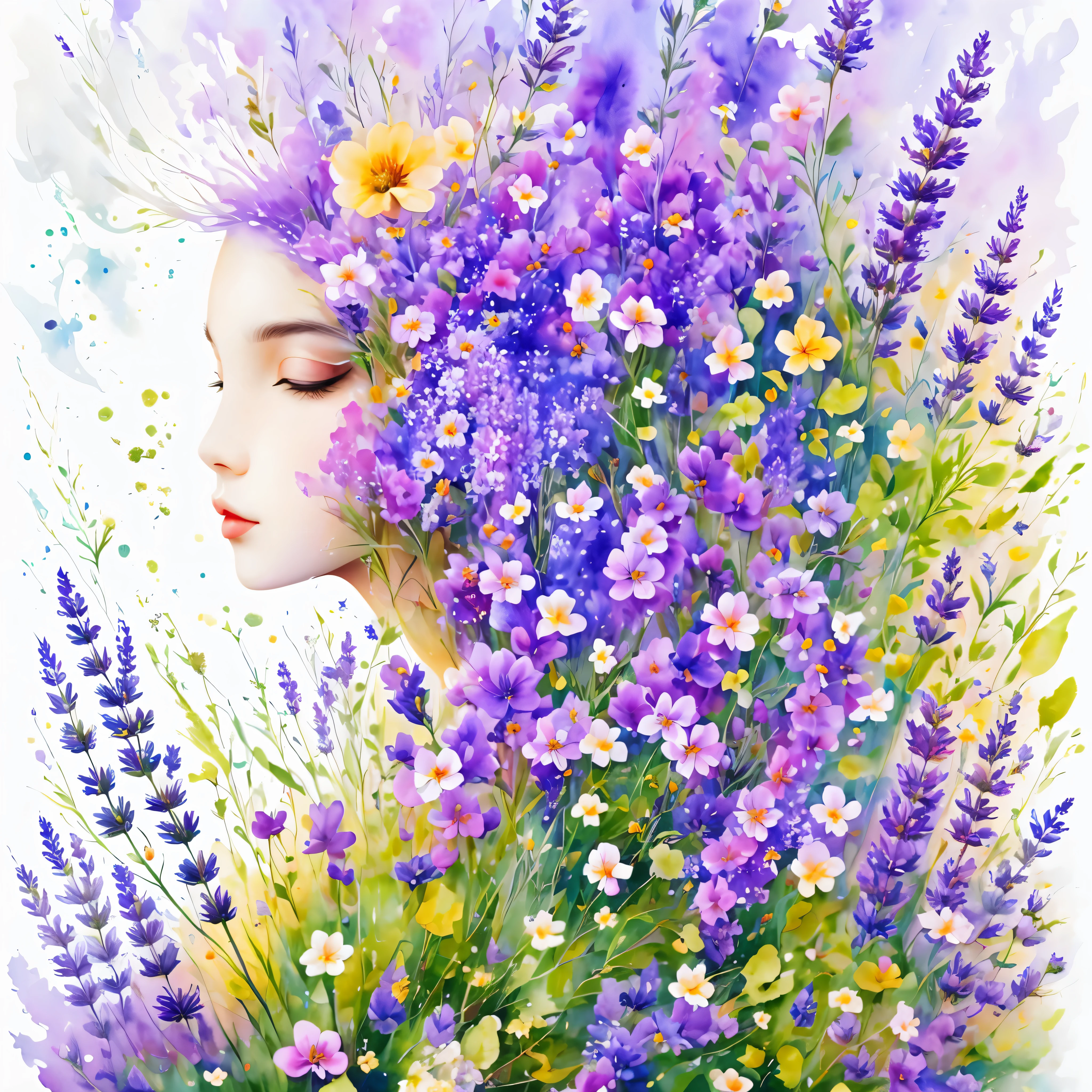 (masterpiece, best quality:1.2), Watercolor flower paintings present a delicate and refreshing visual effect. Wildflower and lavender fields,The perfect combination of nature and romance. The screen is dominated by a white background, Highlight isolated watercolor flower. Splash technology recreates wet conditions, Create a hazy and dreamy atmosphere. The unique composition and abstract expression add an artistic touch to the picture, Contains elements of surrealism. The overall color tone is mainly light colors, Light purple and green complement each other, Show high-resolution details. The splash effect adds a dynamic feel to the image, The light color gives the flowers a deep and restrained beauty.