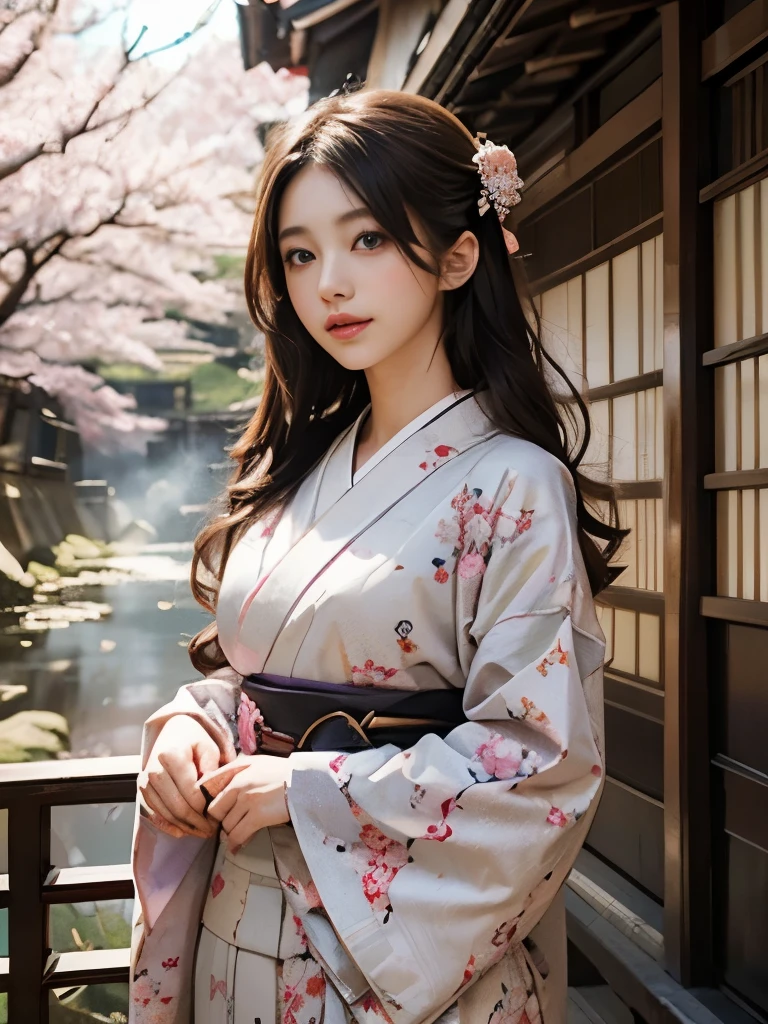 (background:Cherry blossoms on the mountain are covered with mist)((Ukiyo-e))japanese art,or period,tokyo art, lily,Natural landscape.(masseter membrane、top quality、Ukiyo-e style、mystery、Exquisite and beautiful、official art、Sharaku:1.2)、(1 japanese girl in:1.3)、(fractal art:1.3)、cowboy shooting、White skin、(beautiful brunette、kimono:1.2)、以日本传统表演艺术为background、colorful、(reel、Belongs to Japanese style:1.2)、