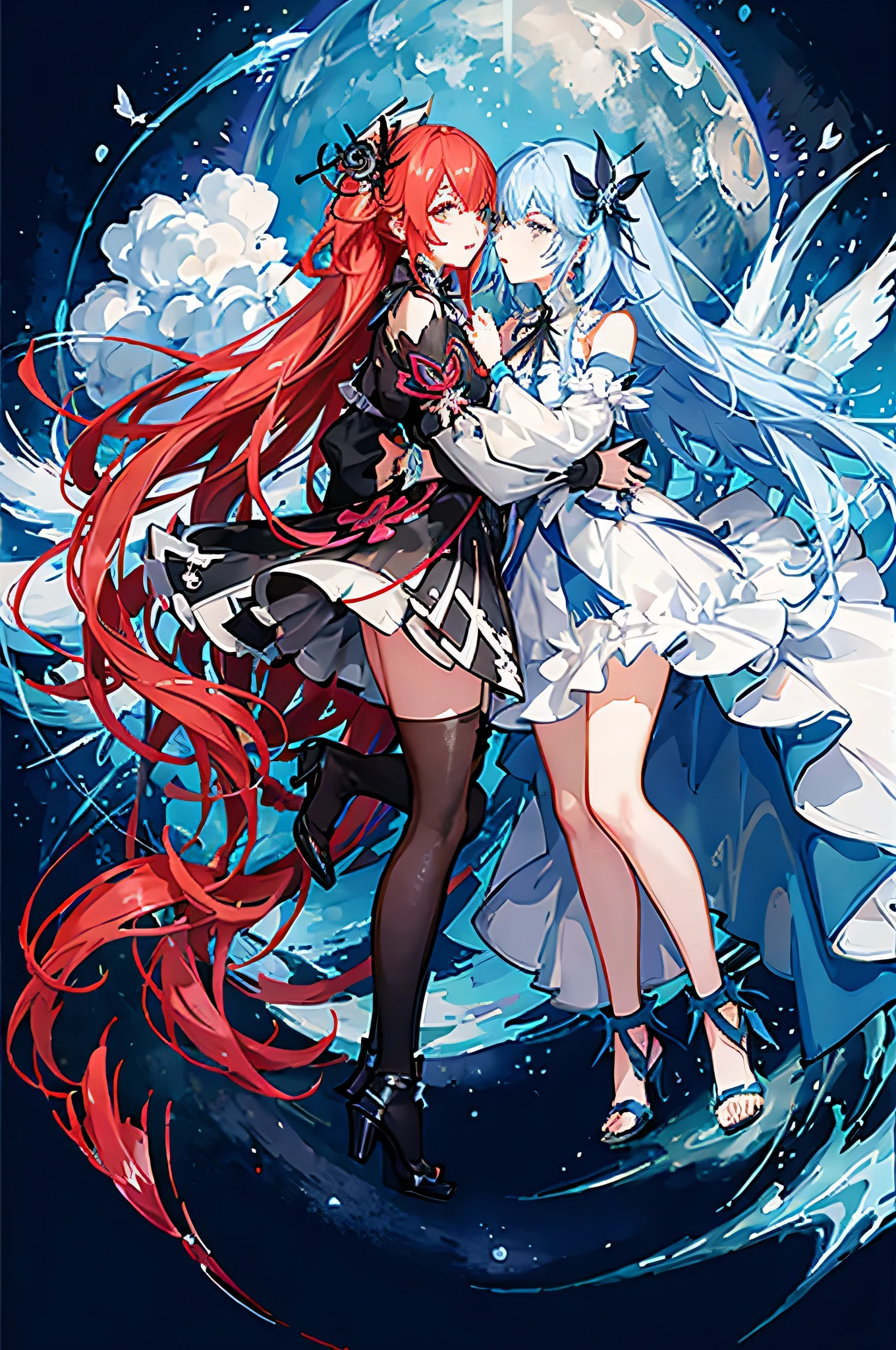 ((masterpiece, best quality)), Delicate face，Maid，Full body painting，Perfect body proportions，Long legs，((Long wavy hair)), ((Half of her hair is red，The other half is blue，Available in two colors))，beautiful eyes，Fantasy style，White background，transparent，Sexy bikini，Lace，Garter