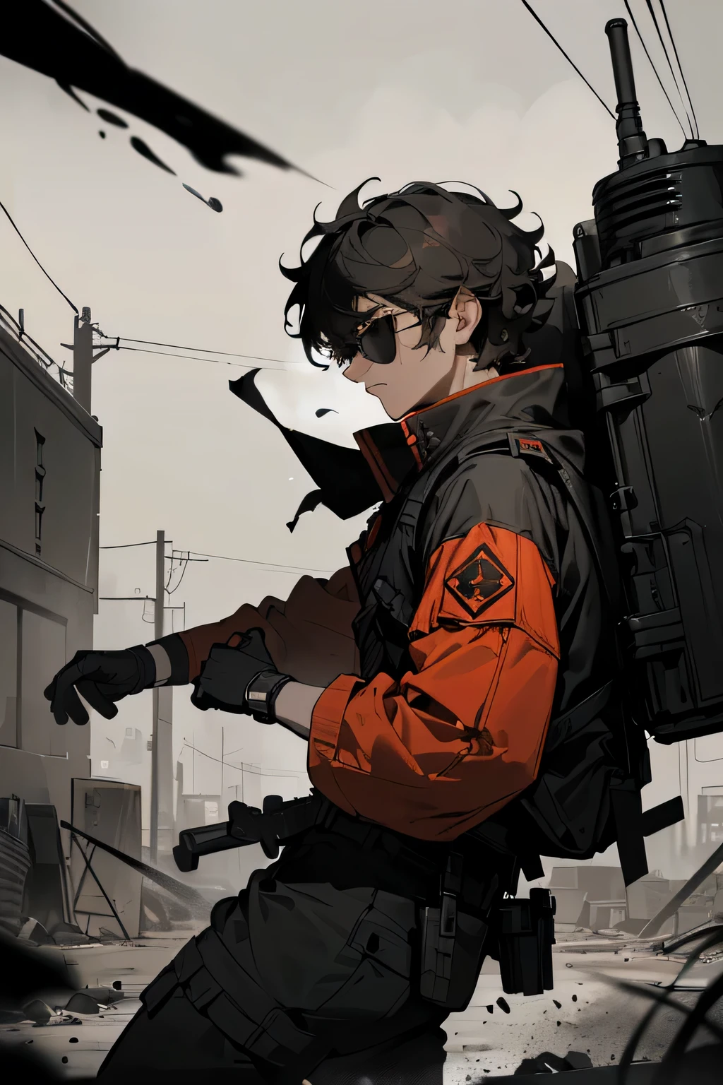 (1male, Short Curly Black hair, tactical assault gear:black with red trim, Compact military backpack, sunglasses), (best quality, High definition, hyper realistic, cinematic still shot), (Brown skin), (non-explanatory), (monochrome color palette:1.1), (dimly-lit scene), (intense expression), (urban warfare), (gritty atmosphere)