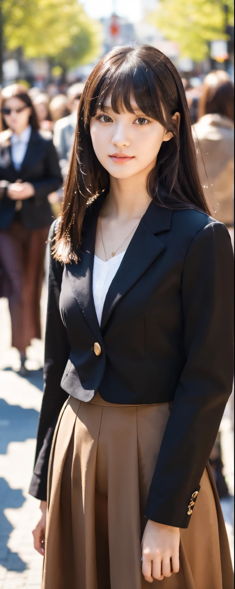 ((Best Quality)), ((masutepiece)), (Detailed), (highlight), ((full body)), Perfect face, Young girl with detailed face , Red eyes and long, thick, glossy, beautiful straight black hair with blunt bangs, Daylight, spring season, center of street, crowd of people, background, Standing wearing with blazer and longskirt、