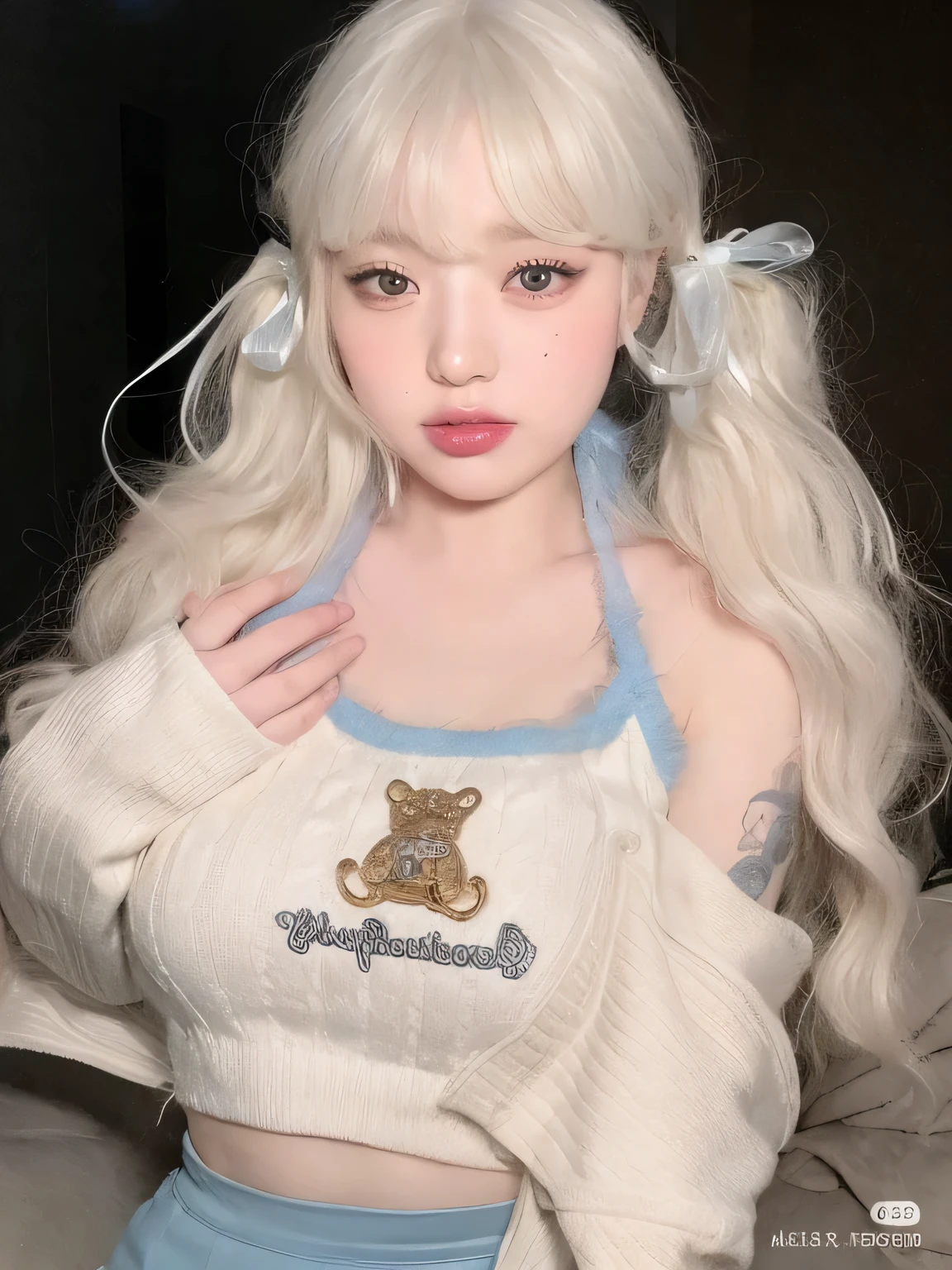 a closeup of a person with long hair and wearing a sweater, dulce conejita ultrarrealista, pelo largo y blanco y flequillo, peinado de corte hime blanco, con el pelo largo y blanco, ulzzang, chica perfecta de pelo blanco, bella delfina, con pelo largo y blanco, pelo rubio con coletas, su cabello es blanco, pale milky white porcelain skin, pale porcelain white skin