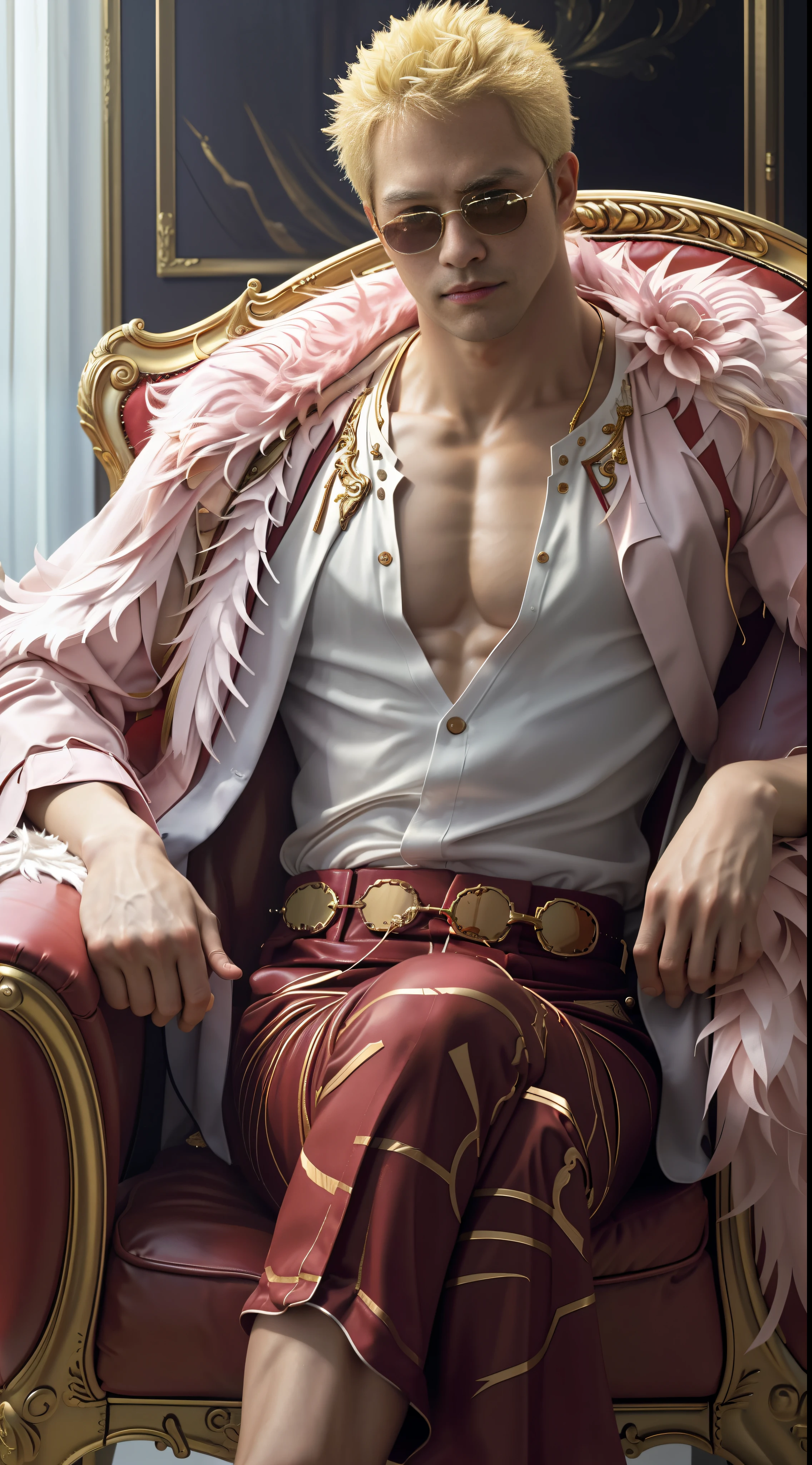 ((masterpiece:1.4, 最OK质量)), ((masterpiece, 最OK质量)), (Photorealistic:1.4), japanese man, muscular man, Doflamingo, OK_coat, sunglasses, Blonde_hair, cardigan, (pointed sunglasses ), vein, king's chair, red and gold chair, luxury chair, majestic chair, sitting on chair, legs crossed, professional lighting, Physically based rendering