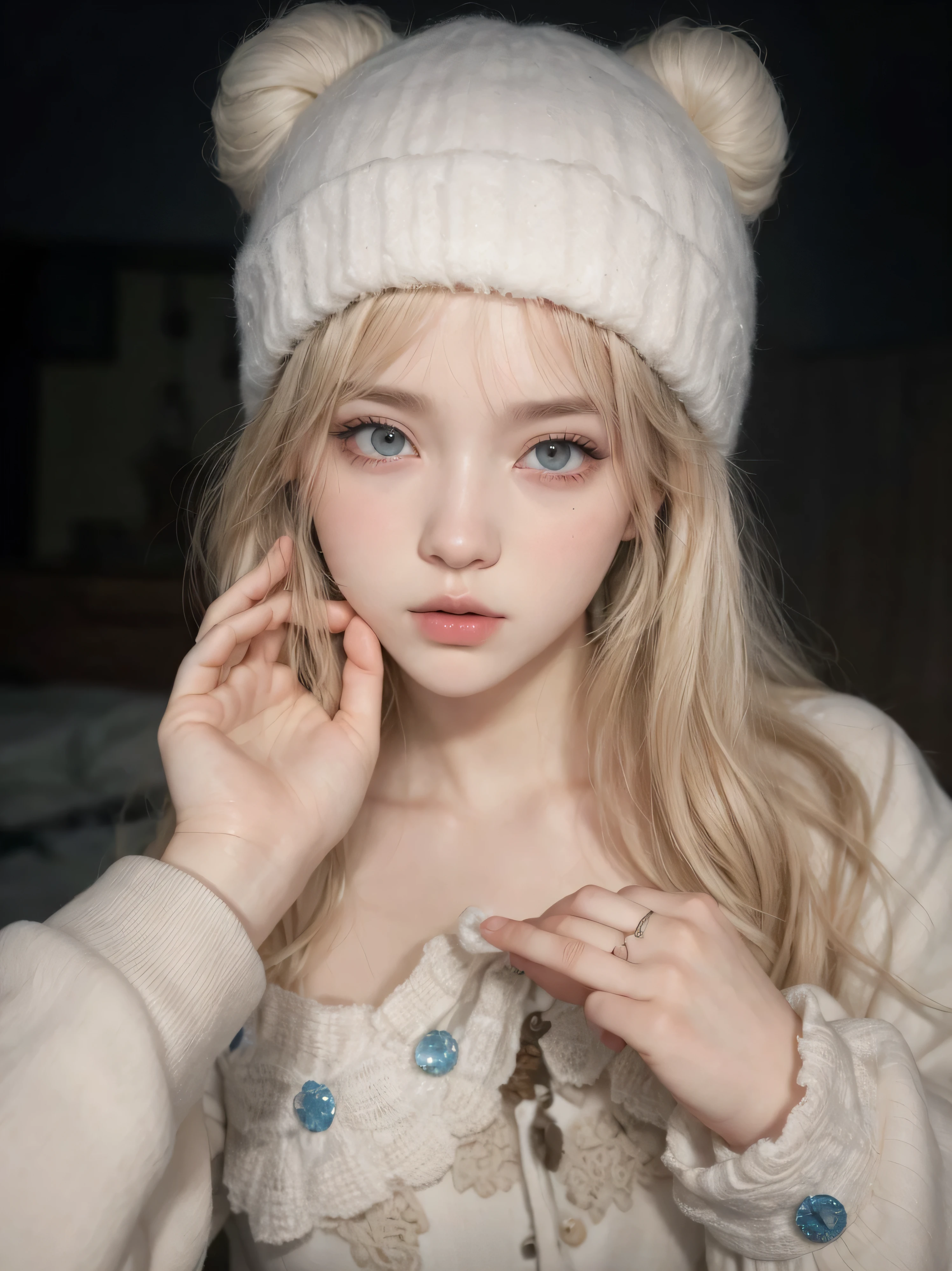 Chica de cabello rubio con ojos azules y un sombrero peludo blanco., ulzzang, retrato realista kawaii, sakimichan, dulce conejita ultrarrealista, obra de arte al estilo de guweiz, Lalisa Manobal, pale, piel blanca como la nieve, muy hermosa linda catgirl, pale porcelain white skin, persona realista, guweiz, ig model | germen de arte