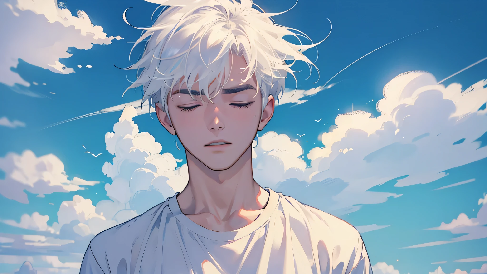 20 year old man listening to music with eyes closed, very short white hair style, white short sleeve t-shirt, sky background, japanese cartoon movies
