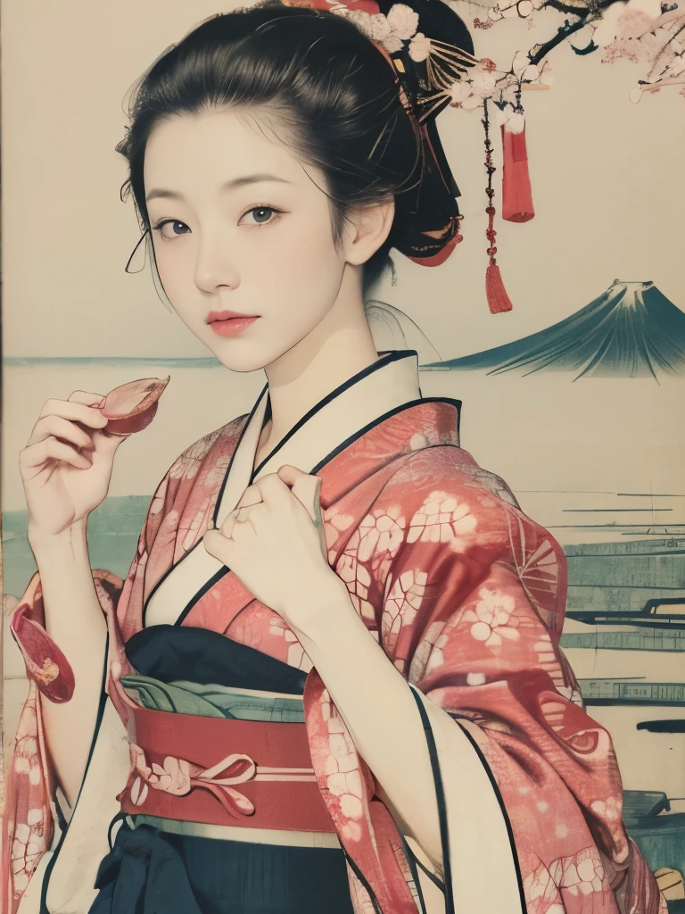 (background：Cherry blossoms on the mountain are covered with mist)((Ukiyo-e))japanese art,or period,tokyo art, lily,Natural landscape.(masseter membrane、top quality、Ukiyo-e style、mystery、Exquisite and beautiful、official art、Sharaku:1.2)、(1 japanese girl in:1.3)、(fractal art:1.3)、cowboy shooting、White skin、(beautiful brunette、kimono:1.2)、以日本传统表演艺术为background、colorful、(reel、Belongs to Japanese style:1.2)、