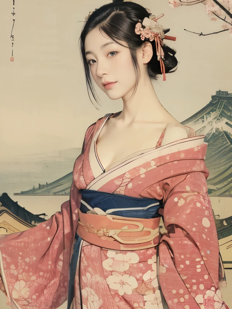 (background：Cherry blossoms on the mountain are covered with mist)((Ukiyo-e))japanese art,or period,tokyo art, lily,Natural landscape.(masseter membrane、top quality、Ukiyo-e style、mystery、Exquisite and beautiful、official art、Sharaku:1.2)、(1 japanese girl in:1.3)、(fractal art:1.3)、cowboy shooting、White skin、(beautiful brunette、kimono:1.2)、以日本传统表演艺术为background、colorful、(reel、Belongs to Japanese style:1.2)、