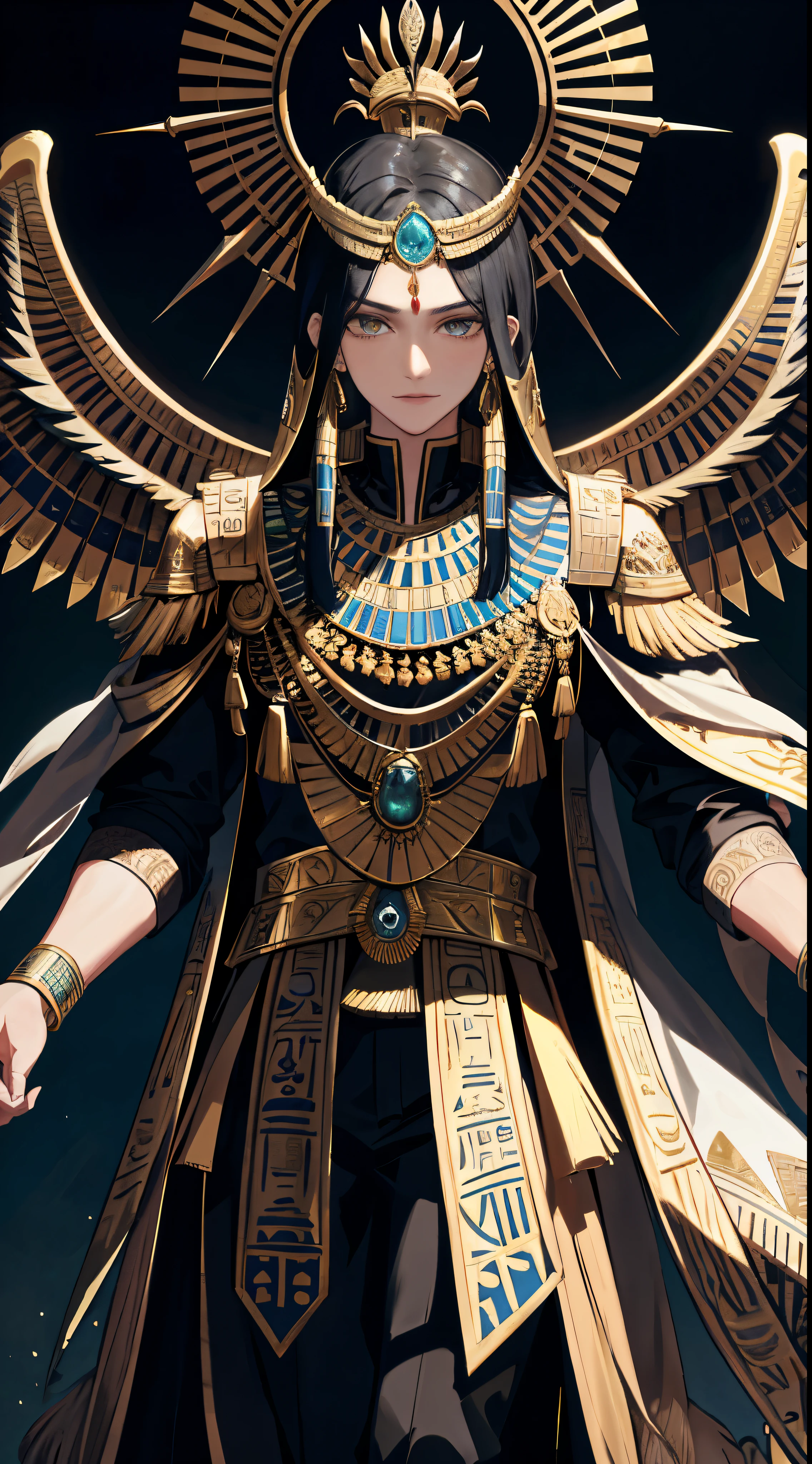 Ultra-high definition images:***************

A majestic and intimidating depiction of ancient Egyptian deity Horus, dominantly standing before an impressive architectural backdrop. This isn't just Horus, the most revered god in Egypt; it's Horus, the fearsome god of tempests.****************

Horus is not only distinguishable by his imposing, hawk-like head, but also his piercing, sharp golden eyes. The intricate headdresses adorning him are tastefully adorned with elaborate designs that include delicate feathers and precious jewels.****************

This striking portrait breathes an aura of mystery and grandiosity, invoking a profound
