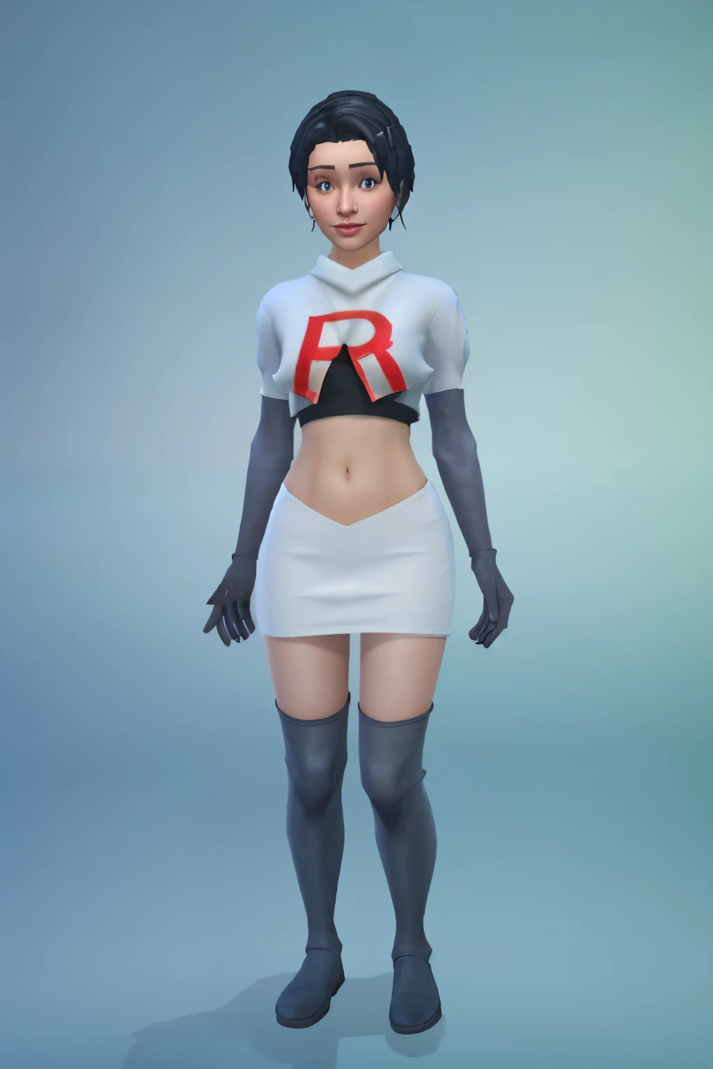 simscas, front view, a woman standing, white skin, european, fit, flat background, outfit-me, team rocket,team rocket uniform, red letter R, white skirt,white crop top,black thigh-highs,black elbow gloves