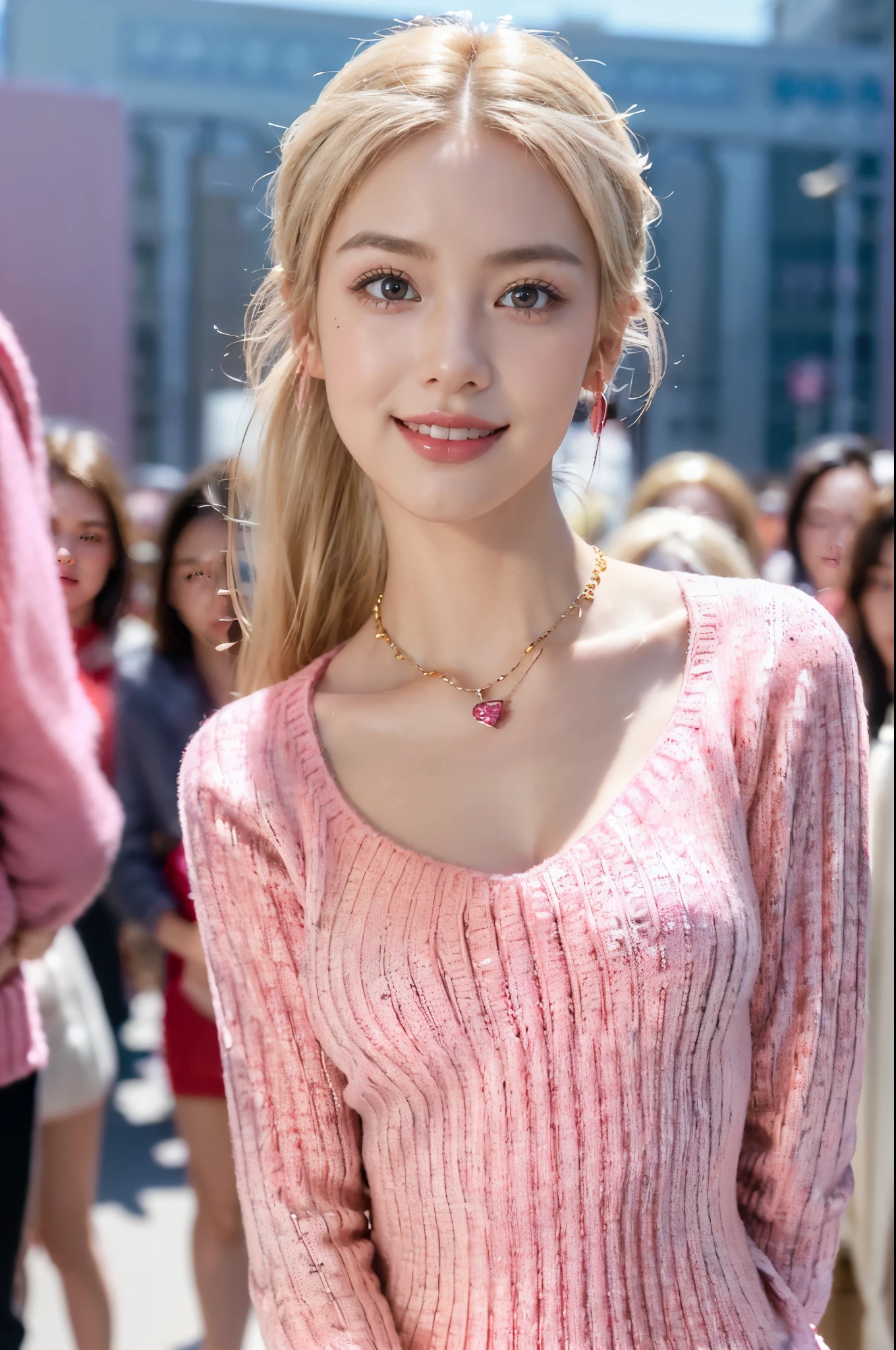 ((((8k))),((Extremely meticulous CG)) ,(wallpaper),16k,((Extremely refined and beautiful)),(((Masterpiece))),(((best qualtiy))),(((Ultra High Resolution))),beautiful light up,Perfect lightning,realistic shaded,((high resolution)),(Smooth and flawless fair skin:1.5),(pale skin:1.3),(Extremely exquisite facial details:1.2),(perfect body:1.1),(ultra-detailed),((A beautiful girl,solo)),(small head:1.2),(short ponytail:1.2),(blonde hair:1.2),(small face:1.2),(baby face:1.3),(Exquisite makeup:1.2),(earrings:1.2),(necklace:1.2),(small breasts:1.2),(flat chests:1.2),((slim,thin)),(laughing:1.2),(smile:1.2),(pink|red sweater dress:1.5),(day scene:1.3),(bright sunshine:1.3),(outdoor:1.2),(early spring:1.3),(On the street:1.3),(city scape:1.3),(Cyberpunk style:1.3),(tall buildings:1.3),(Future Technology Sense:1.3),(detailed background:1.5),(standing:1.3),(arms behind back:1.3),(upper body:1.3),(from front:1.2),(surrounded by crowded crowds:1.5)