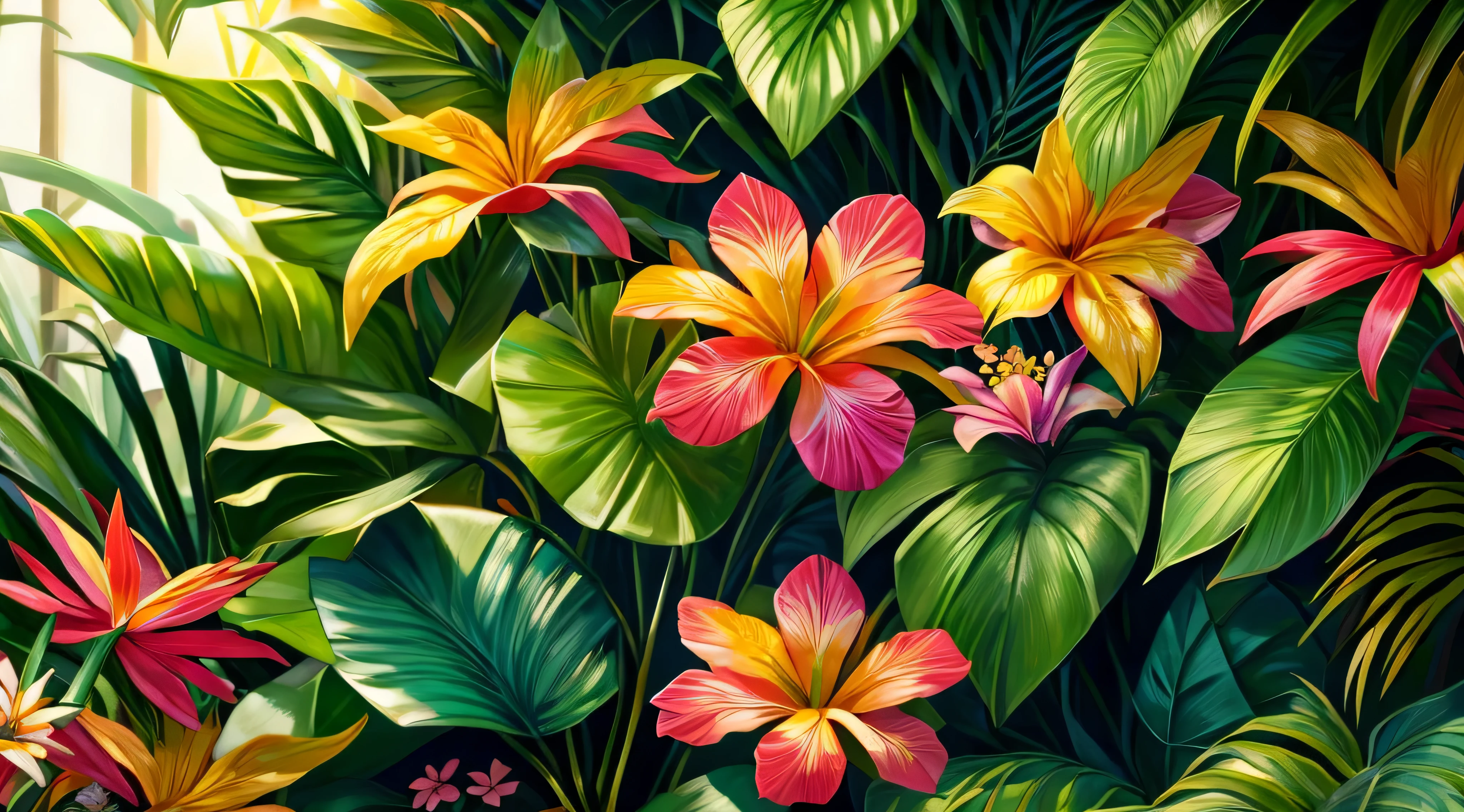 Tropical foliage and flower background, tropical flower plants, tropical plants and flowers, beautiful tropical flowers, colorful tropical plants, blooming tropical flowers, Tropical plants, lush garden leaves and flowers, tropical flowers, tropical background, detailed digital illustration, photorealistic print of exotic, tropical foliage, subtropical flowers and plants, Tropical leaves, matte digital illustration, tropical atmosphere, detailed beautiful plants