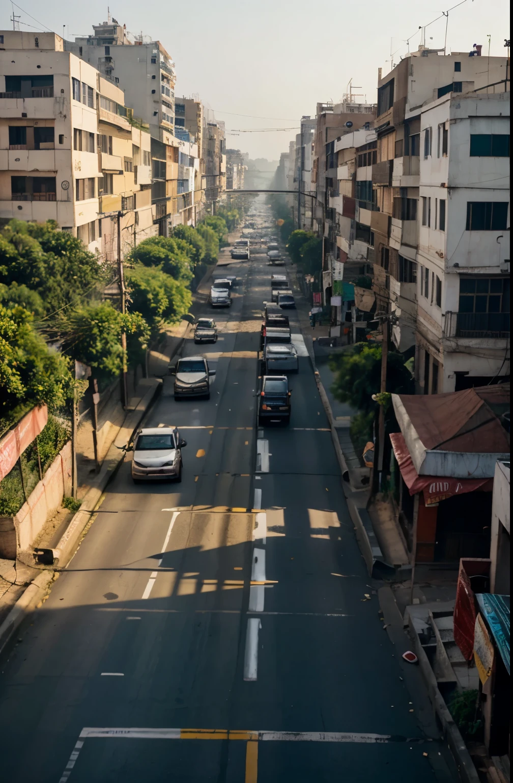 Realistic, cinematic, detail, india, light, view, morning, scenery, indian street, cars, buildings, highway