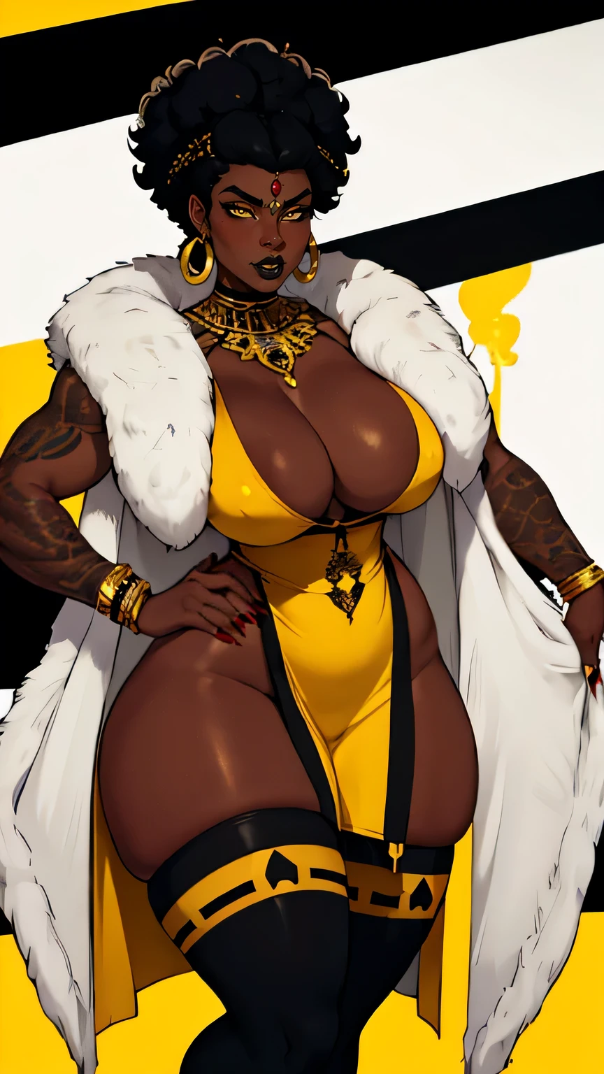 plus size model, jewelry, thick thighs, wide hips, black lips, mom afro black hair, small breast, milf, yellow eyes, white background, mature,black fingernails, mother, perky breasts, tomboy, ebony skin, luxury, tattoos, strong, muscular, sexy stockings, empress gold design, open dress, seductive fur