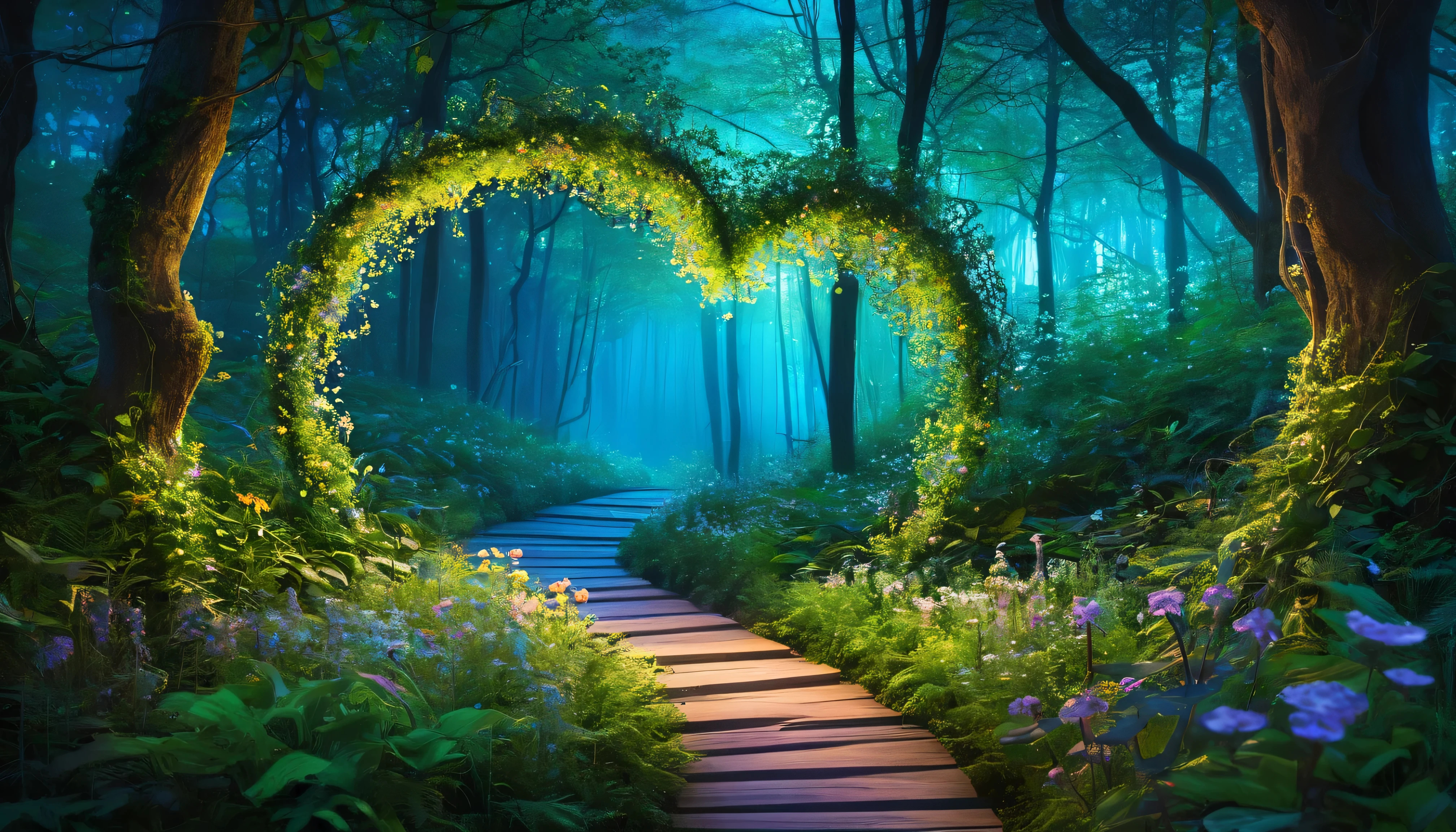 Illustrate a winding path in a bioluminescent forest that leads through a natural archway made of intertwined branches and glowing flowers. This ethereal gateway marks the entrance to the heart of the forest, where the bioluminescence intensifies. The archway is adorned with a variety of luminous flowers and vines, creating a spectrum of light that guides the way forward. In the distance, the path continues deeper into the forest, promising more wonders to discover. This image should evoke a sense of enchantment and the beckoning mystery of nature’s nighttime beauty.