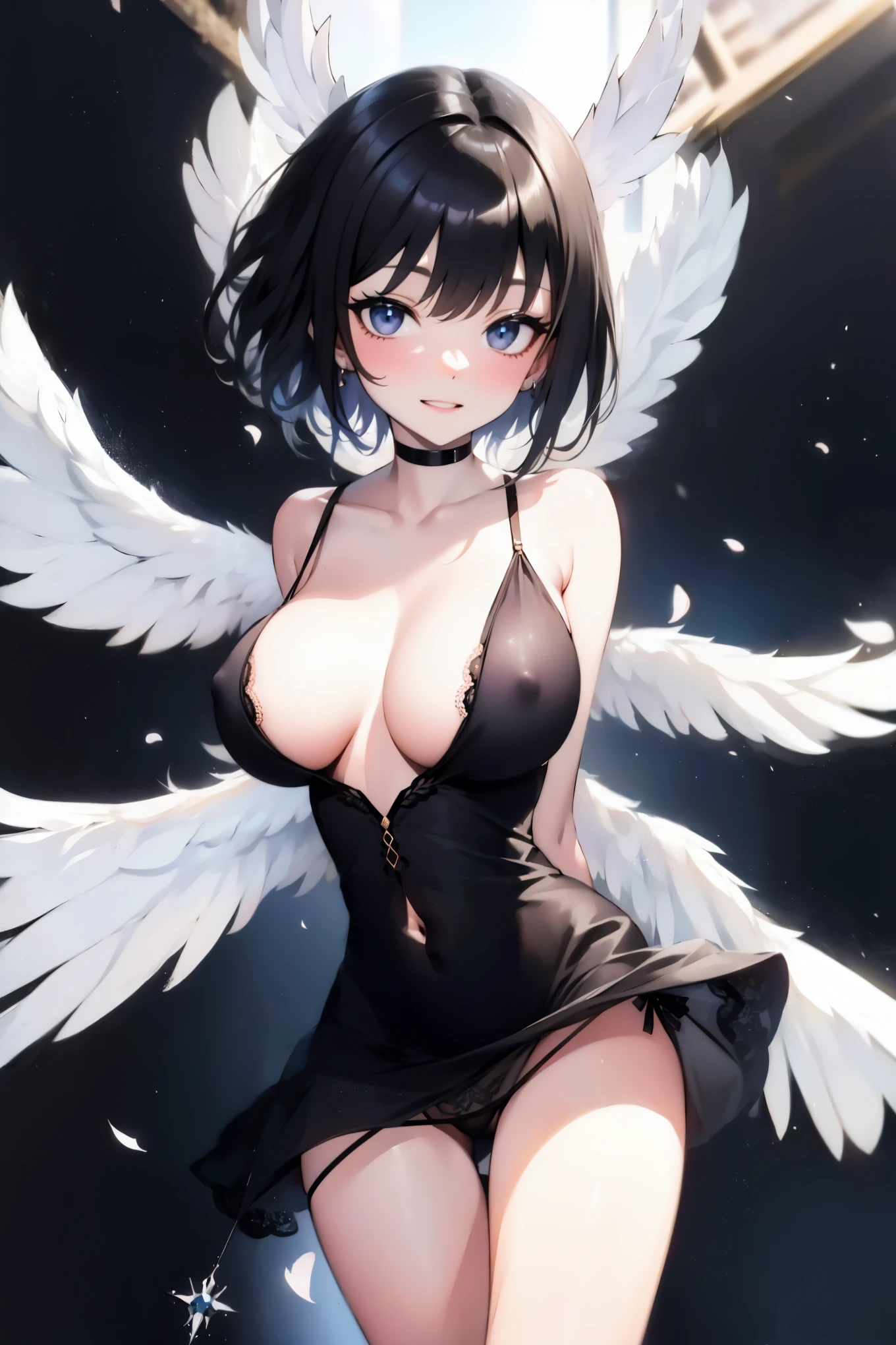 1 seraphim girl standing in peace of snowy mountain, (solo), swinging back, multiple wings, (she has 12 wings on her back), (6 white wings:1.5) and (6 black wings:1.5), BREAK, (wearing nothing without a lace trimmed sheer short black chemise:1.4), (plunging neckline), too short black skirt flapping by wind, stiletto heels, BREAK, (black short hair:1.3), sidelocks, black eyes, (bouncing large breasts), cleavage, inconceivably narrow waist, bared skinny arms, bared skinny long legs, thigh gap, tiptoe, BREAK, childish face, nose blush, smile for viewer, open mouth, orgasm, (nsfw:1.05), BREAK, (extremely detailed CG unity 8k wallpaper), (beautiful detailed), (ultra high resolution), (masterpiece:1.2), (best quality), (beautiful illustration), anime visual