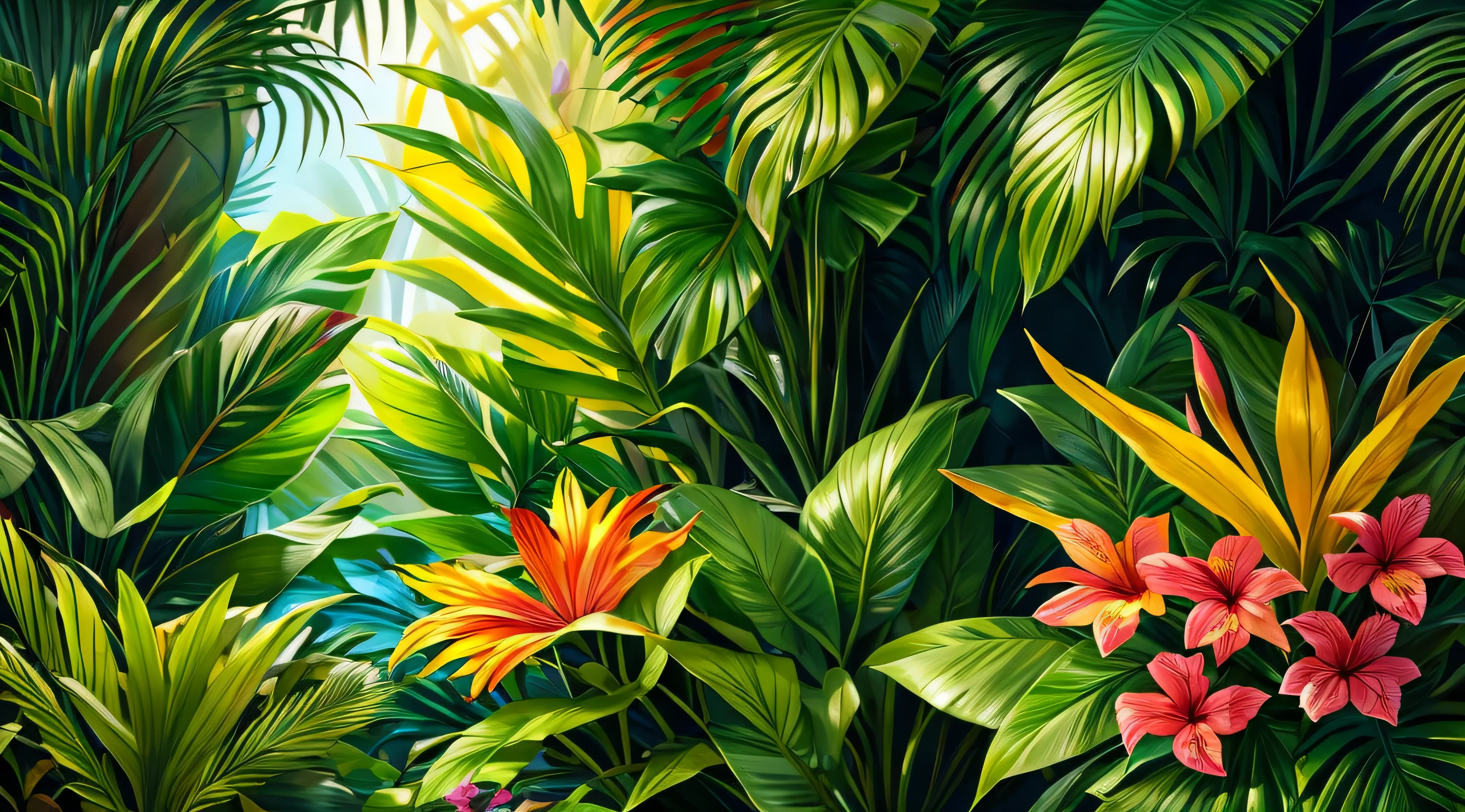 Tropical foliage and flower background, tropical flower plants, tropical plants and flowers, beautiful tropical flowers, colorful tropical plants, blooming tropical flowers, Tropical plants, lush garden leaves and flowers, tropical flowers, tropical background, detailed digital illustration, photorealistic print of exotic, tropical foliage, subtropical flowers and plants, Tropical leaves, matte digital illustration, tropical atmosphere, detailed beautiful plants