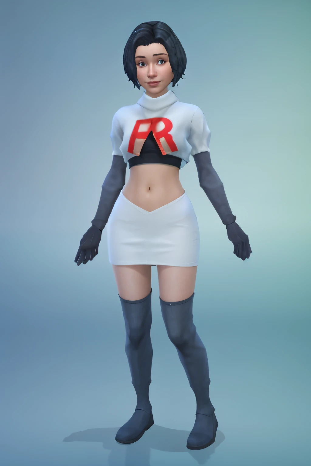 simscas, front view, a woman standing, white skin, european, fit, flat background, outfit-me, team rocket,team rocket uniform, red letter R, white skirt,white crop top,black thigh-highs,black elbow gloves