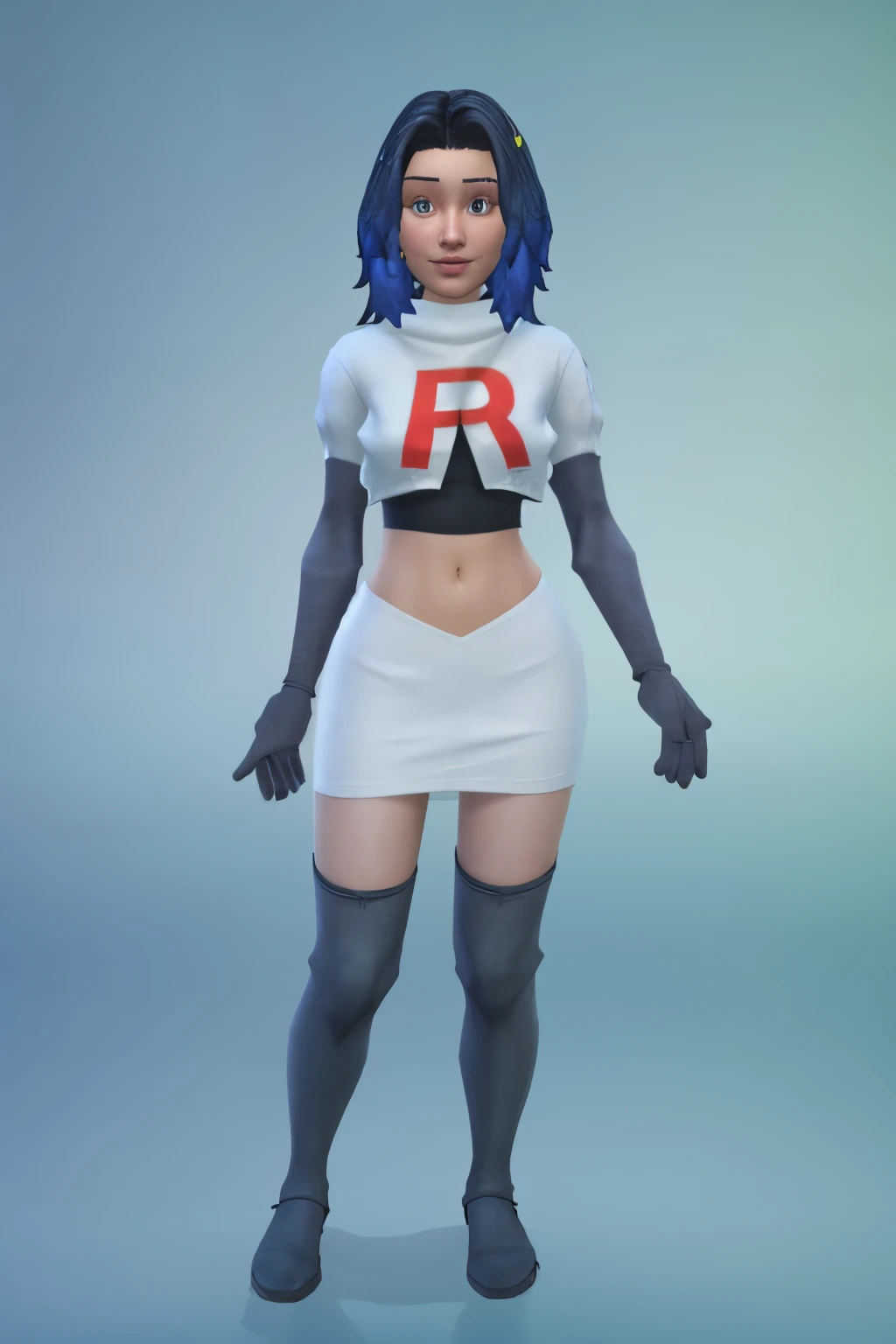 simscas, front view, a woman standing, white skin, european, fit, flat background, outfit-me, team rocket,team rocket uniform, red letter R, white skirt,white crop top,black thigh-highs,black elbow gloves