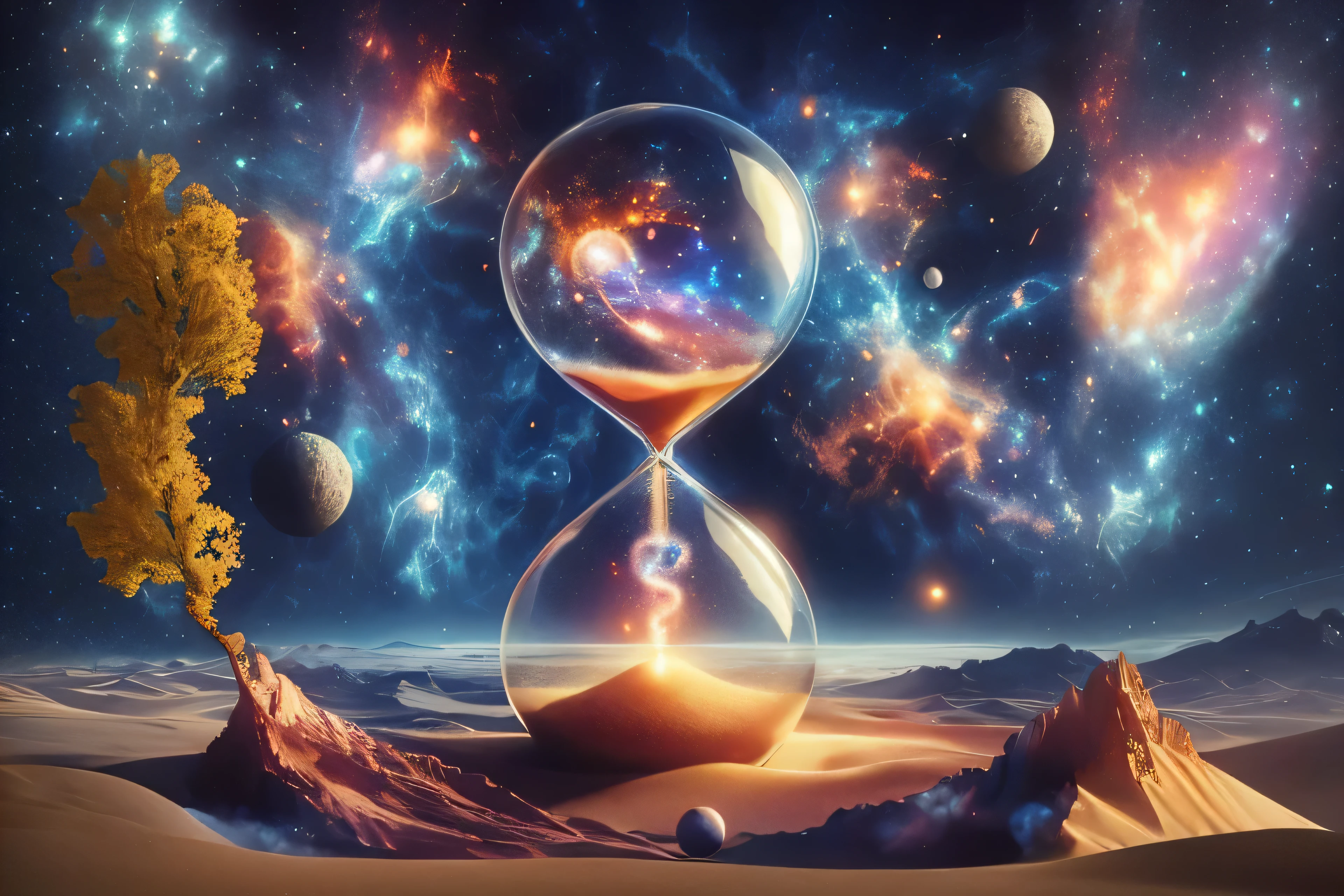 a clock with a sand - glass in the middle of it on a desert, time consumes us all, time does not exist anymore, space and time, memory trapped in eternal time, hourglass ⌛️, infinity time loop, the passing of time, time + space + reality, out of time and space, outside of time and space, the sands of time