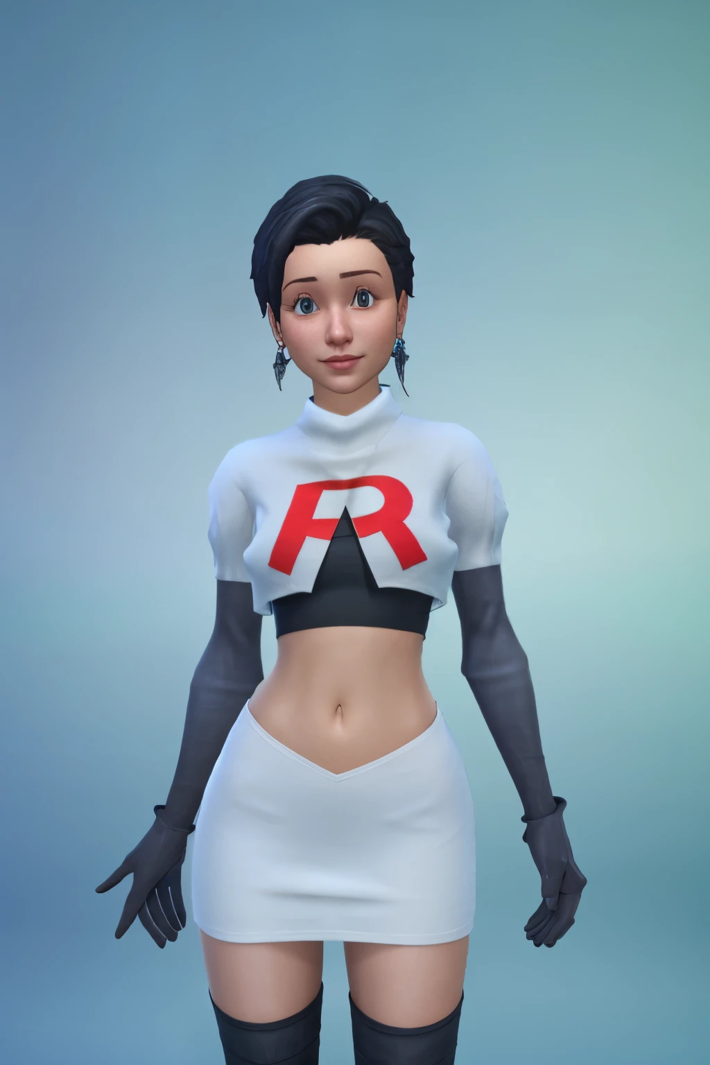 simscas, front view, a woman standing, white skin, european, fit, flat background, outfit-me, team rocket,team rocket uniform, red letter R, white skirt,white crop top,black thigh-highs,black elbow gloves