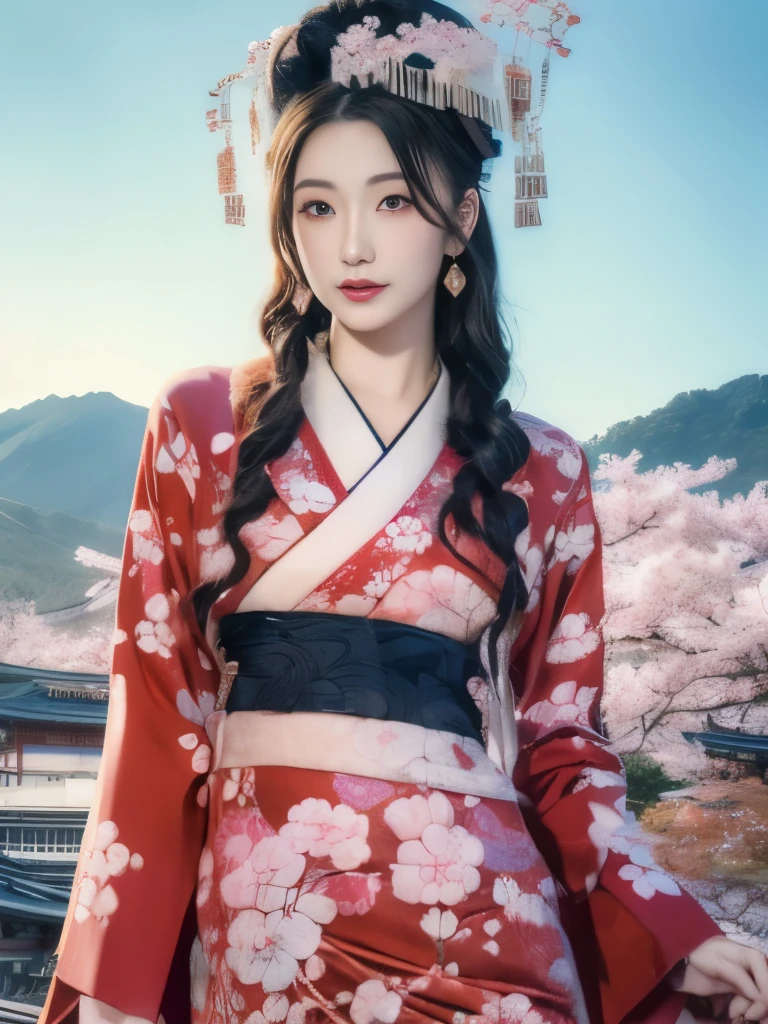 (background:Cherry blossoms on the mountain are covered with mist)((Ukiyo-e))japanese art,or period,tokyo art, lily,Natural landscape.(masseter membrane、top quality、Ukiyo-e style、mystery、Exquisite and beautiful、official art、Sharaku:1.2)、(1 japanese girl in:1.3)、(fractal art:1.3)、cowboy shooting、White skin、(beautiful brunette、kimono:1.2)、以日本传统表演艺术为background、colorful、(reel、Belongs to Japanese style:1.2)、