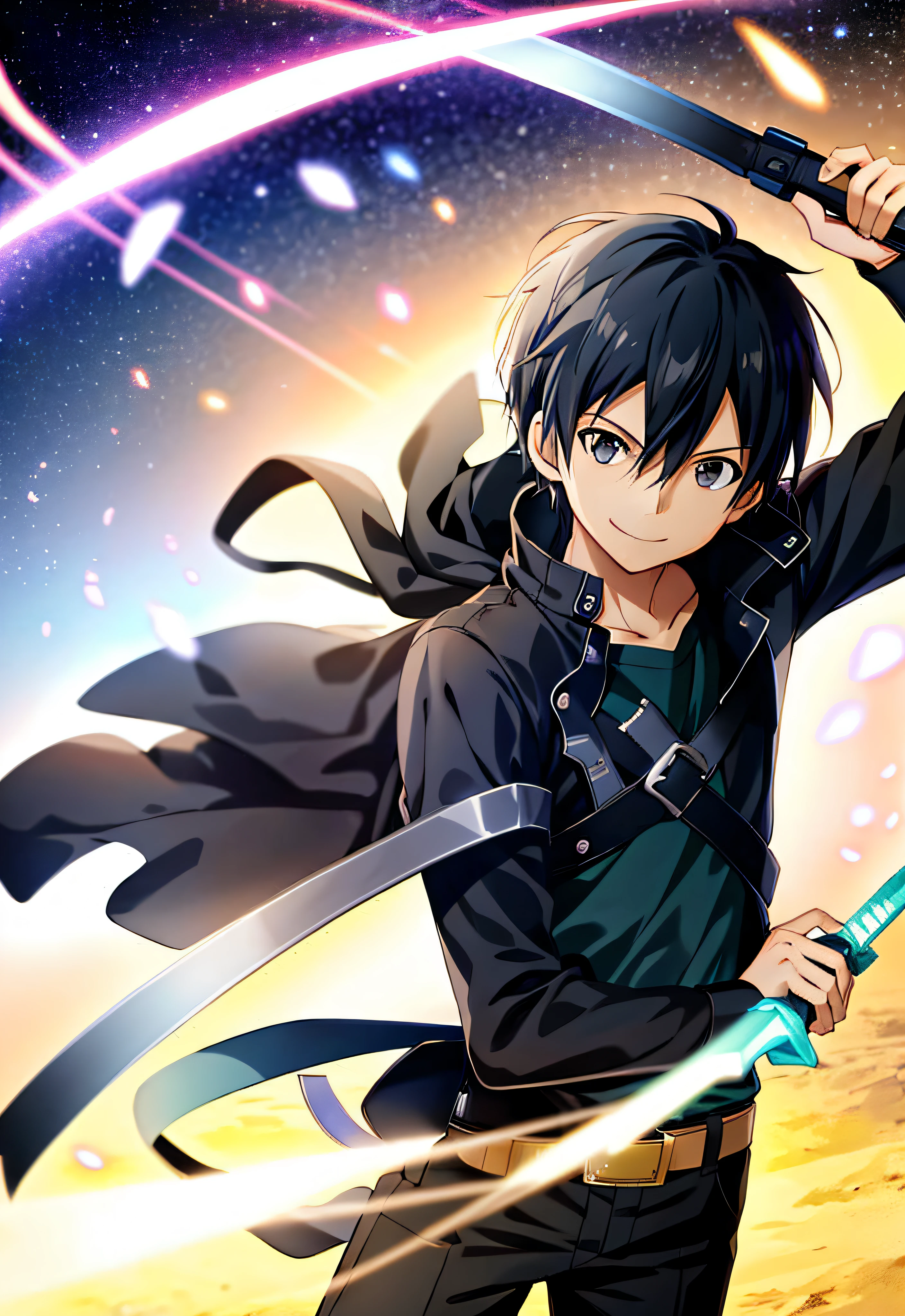 High resolution, anime style, Kirito, alone, 1 boy, smile, black hair, black clothes, black sword, black eye, grassland,