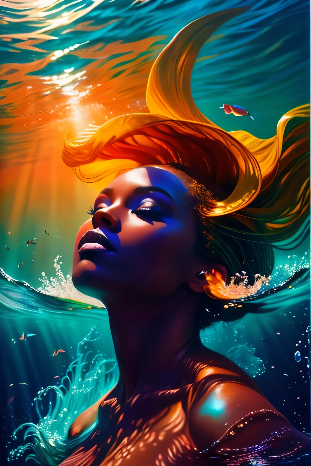 Behold the mesmerizing fusion of realms in this visual masterpiece, where the hyper-realistic portrayal of a radiant black woman gracefully immersed in the ocean harmoniously meets the dreamlike world of an oil painting. The first subject, a stunningly lifelike image of a woman with skin like velvet and features that leap off the canvas, invites us into her tranquil underwater escape. Simultaneously, the second subject, an exquisite oil painting, captures the expansive, fluid beauty of the ocean surrounding her. The vibrant colors of the painting deepen and become more saturated as they merge with the sharp focus and precise detailing of the hyper-real
