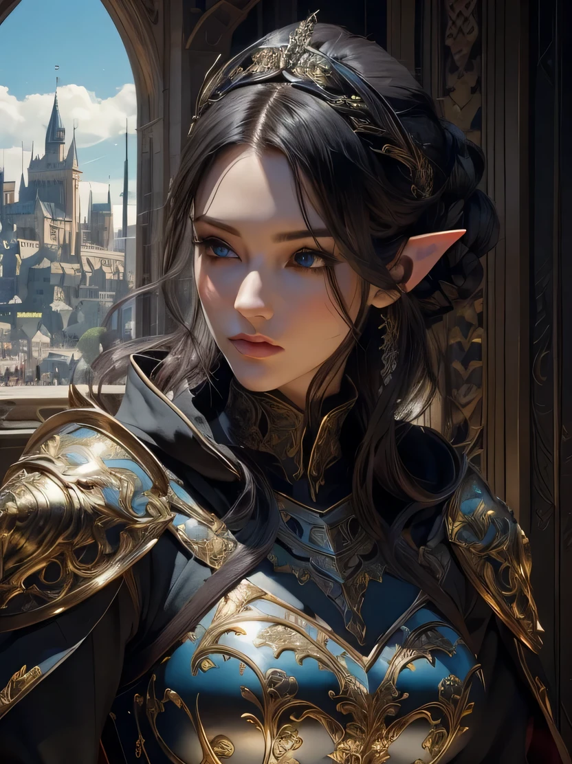((masterpiece、highest quality、Super detailed、High resolution、sharp focus、cinematic lighting))、((1 female、bust shot))、Portrait of a beautiful female elf 、40 years old、elaborately patterned cloth cloak、Textured black leather armor and leggings、Chalkboard armor with delicate carvings、black leather gloves、tall、well-proportioned body shape、、((black hair ponytail))、blue eyes、highly detailed face、Fine ears、view audience、Detailed depiction of hands、Beautiful medieval cityscape and castle in the background、Detailed background depiction、oil