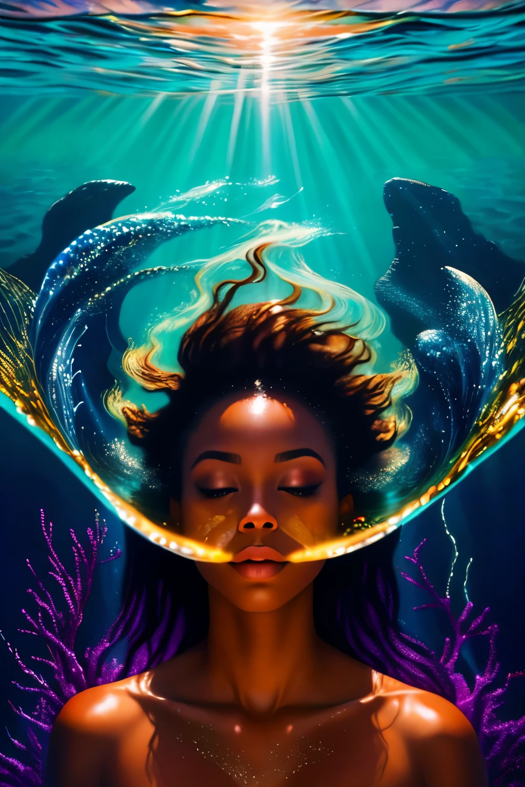 Behold the mesmerizing fusion of realms in this visual masterpiece, where the hyper-realistic portrayal of a radiant black woman gracefully immersed in the ocean harmoniously meets the dreamlike world of an oil painting. The first subject, a stunningly lifelike image of a woman with skin like velvet and features that leap off the canvas, invites us into her tranquil underwater escape. Simultaneously, the second subject, an exquisite oil painting, captures the expansive, fluid beauty of the ocean surrounding her. The vibrant colors of the painting deepen and become more saturated as they merge with the sharp focus and precise detailing of the hyper-real