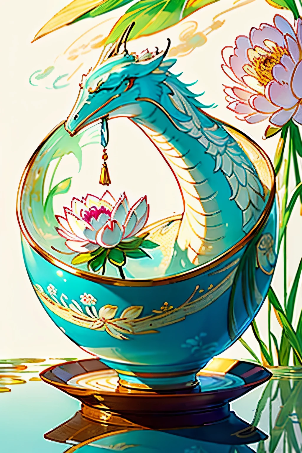 (Masterpiece, Chinese Traditional Decoration Album), In the style of Light Turquoise and Light Yellow, (Large Scale Murals:1.5), Organic Sculpting, Soft, Dreamy Scenes, (Whimsical Ambiance:1.5), White and Gold, Hyper-Realistic Details,
(Detailed background:1.0), (Highly detailed background:1.0),
(Graceful lotus flowers blooming in a tranquil pond), (Delicate birds perched on ancient branches), (Intricately painted dragons soaring through the clouds), (Vibrant peonies adorning a traditional Chinese tea set), (Soft