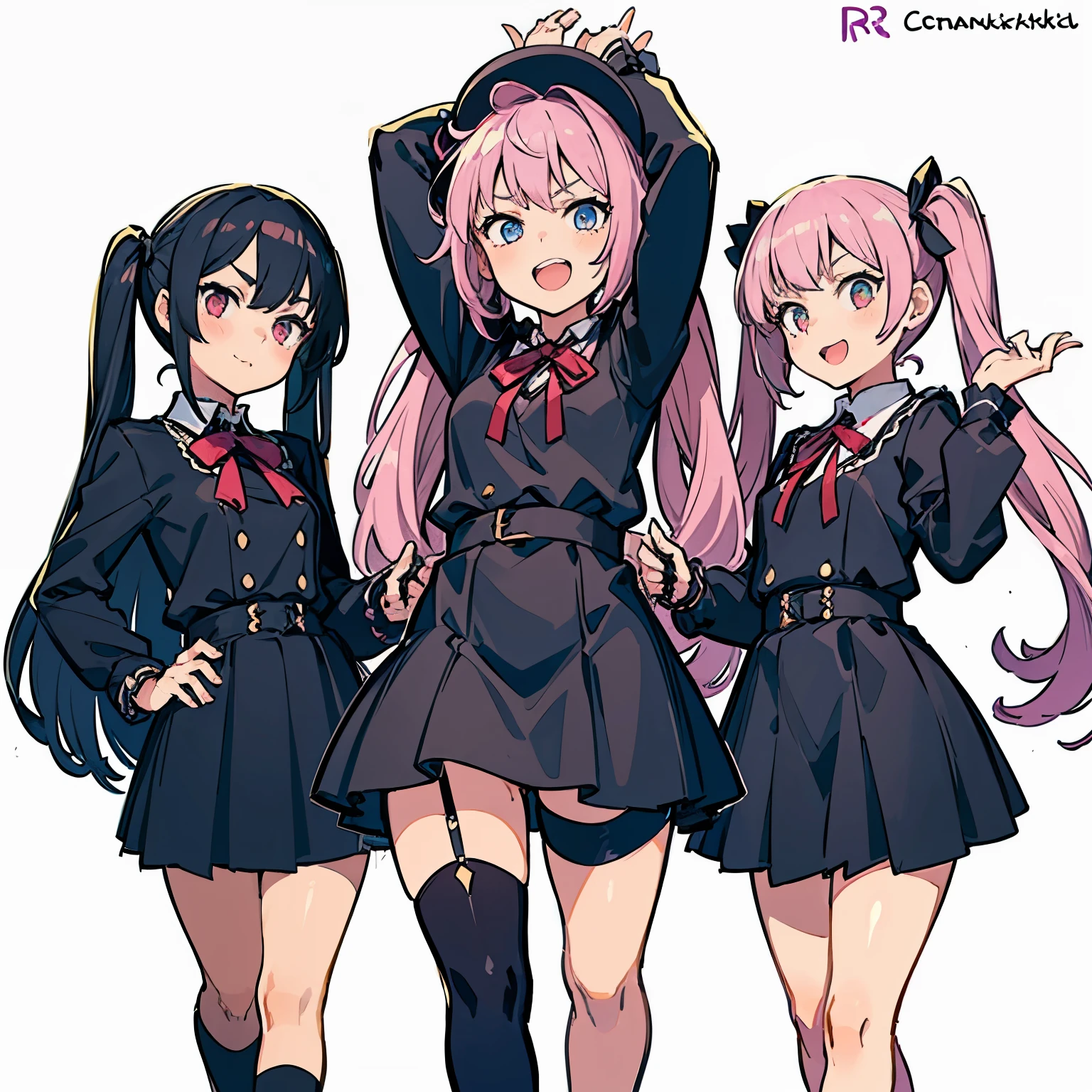 4 Girls with pink hair, long twintail hairstyle, small bushy eyebrows, wearing gothic lolita clothing, lolicon (Zankuro) drawing style by zankuro artist, Zancrow style, image uploaded to R34, walking to school, flirty smile, , lifting her skirt to show her vagina wet with semen