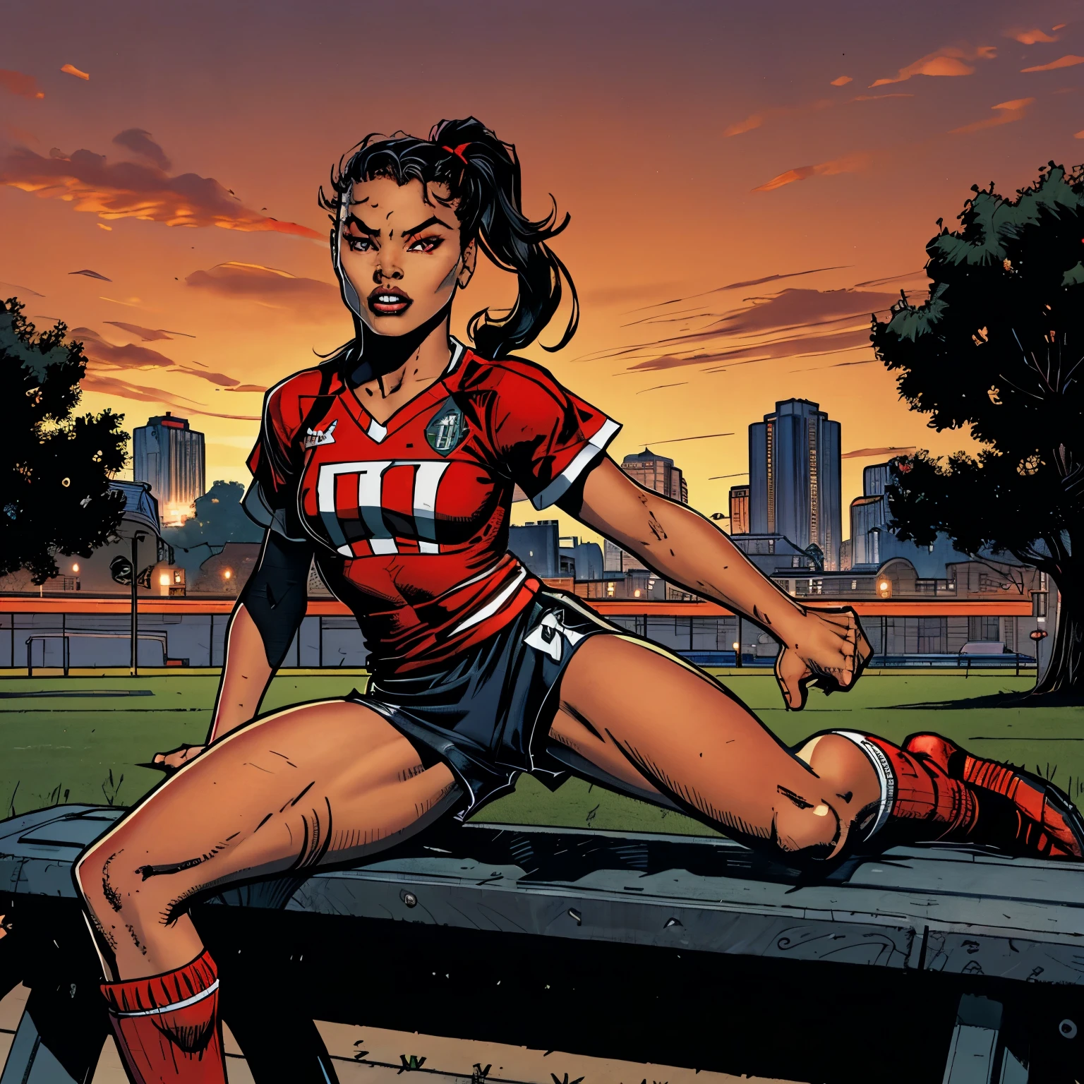 Gabriella Parker, of Mexican descent. Light skin, black hair tied in a high ponytail. Little fangs and scarlet red eyes. 10 year old, in a soccer uniform, sitting on a park bench