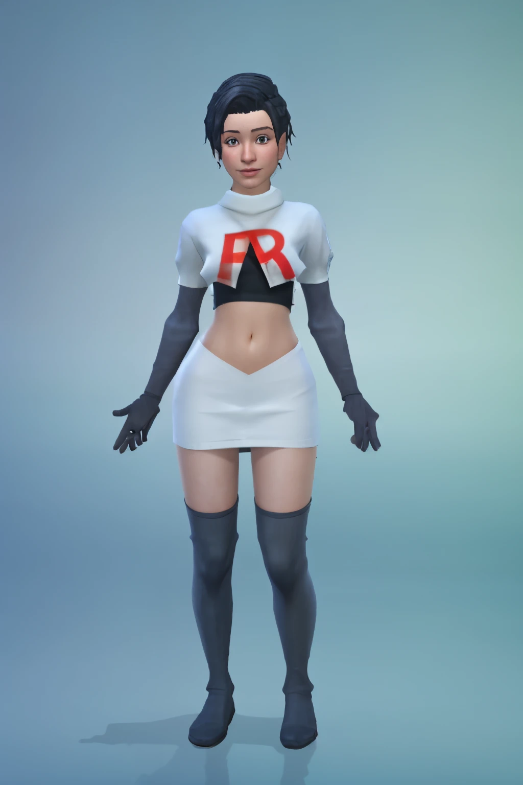 simscas, front view, a woman standing, white skin, european, fit, flat background, outfit-me, team rocket,team rocket uniform, red letter R, white skirt,white crop top,black thigh-highs,black elbow gloves