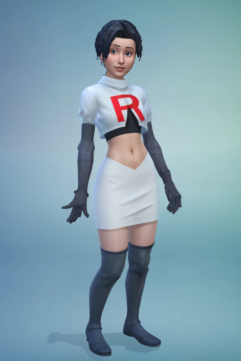 simscas, front view, a woman standing, white skin, european, fit, flat background, outfit-me, team rocket,team rocket uniform, red letter R, white skirt,white crop top,black thigh-highs,black elbow gloves