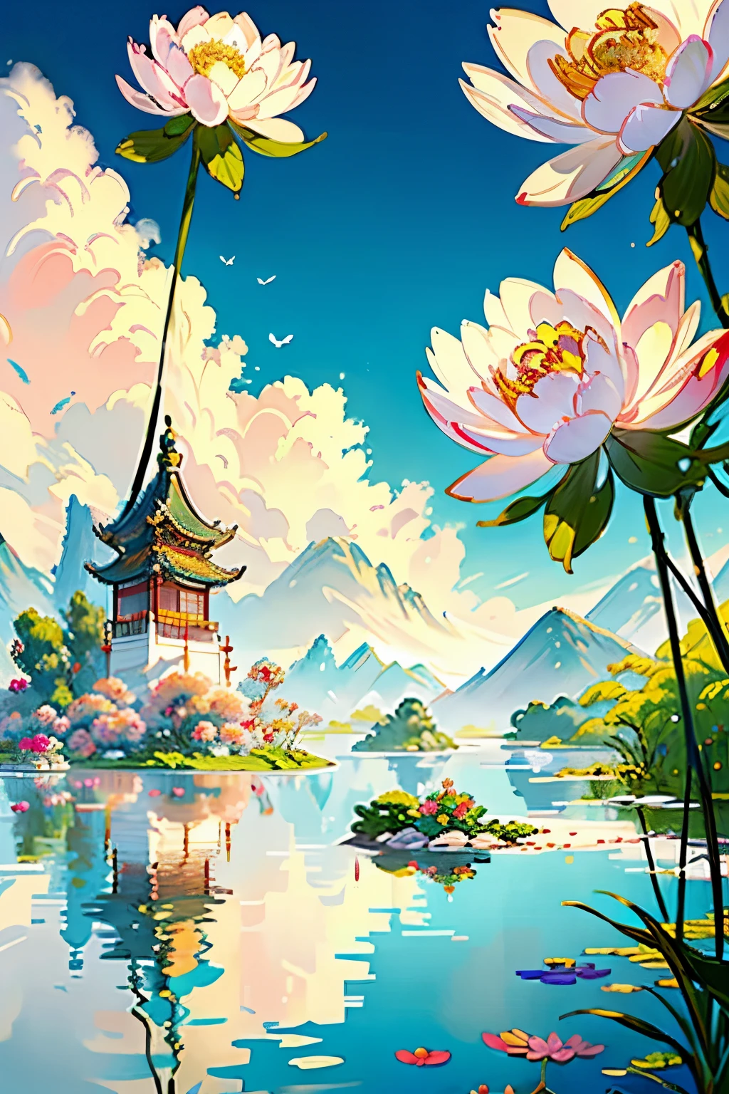 (Masterpiece, Chinese Traditional Decoration Album), In the style of Light Turquoise and Light Yellow, (Large Scale Murals:1.5), Organic Sculpting, Soft, Dreamy Scenes, (Whimsical Ambiance:1.5), White and Gold, Hyper-Realistic Details,
(Detailed background:1.0), (Highly detailed background:1.0),
(Graceful lotus flowers blooming in a tranquil pond), (Delicate birds perched on ancient branches), (Intricately painted dragons soaring through the clouds), (Vibrant peonies adorning a traditional Chinese tea set), (Soft