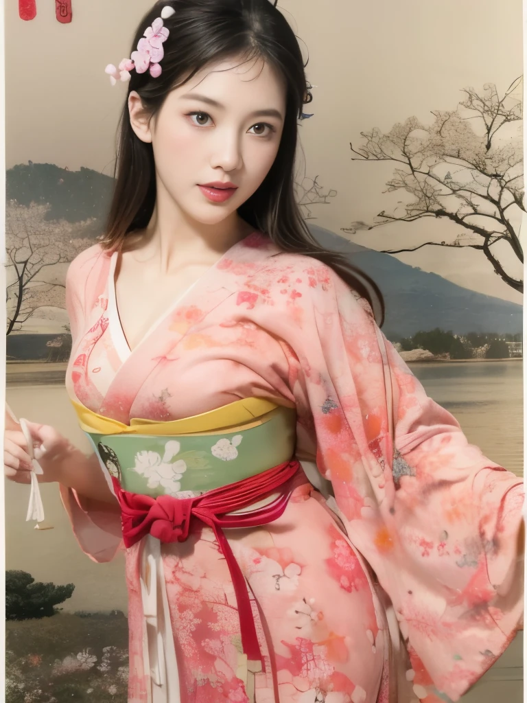 (background:Cherry blossoms on the mountain are covered with mist)((Ukiyo-e))japanese art,or period,tokyo art, lily,Natural landscape.(masseter membrane、top quality、Ukiyo-e style、mystery、Exquisite and beautiful、official art、Sharaku:1.2)、(1 japanese girl in:1.3)、(fractal art:1.3)、cowboy shooting、White skin、(beautiful brunette、kimono:1.2)、以日本传统表演艺术为background、colorful、(reel、Belongs to Japanese style:1.2)、
