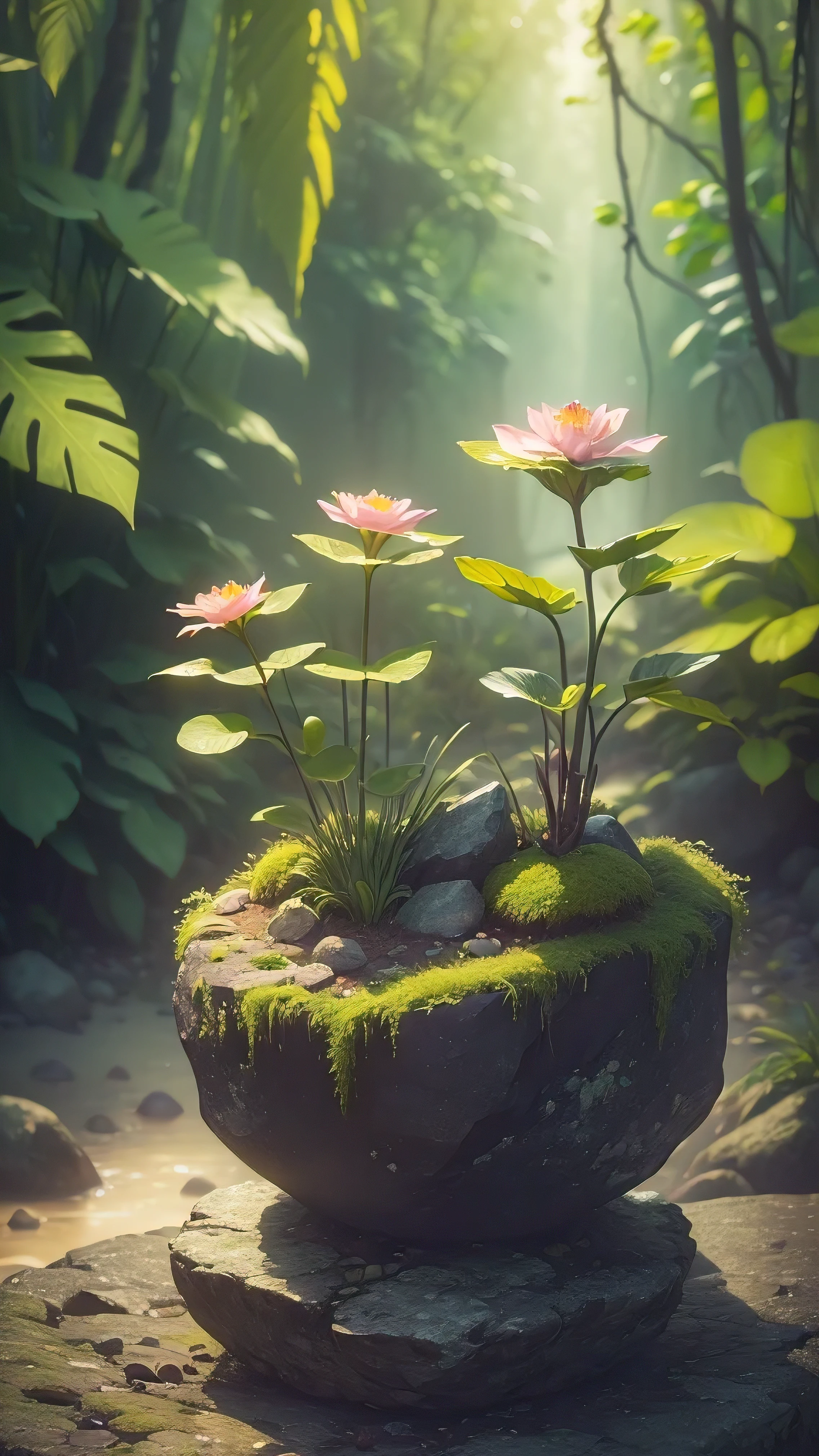 (masterpiece, best quality, high quality, High resolution:1.4), detailed, Extremely detailed, ambient soft lighting, 4K,vague, vague Background, depth of field, Bokeh, every time, FOG, bloom, outdoor, (nature, rainforest:1.2), (rock:1.2), Montes, plant, fall,