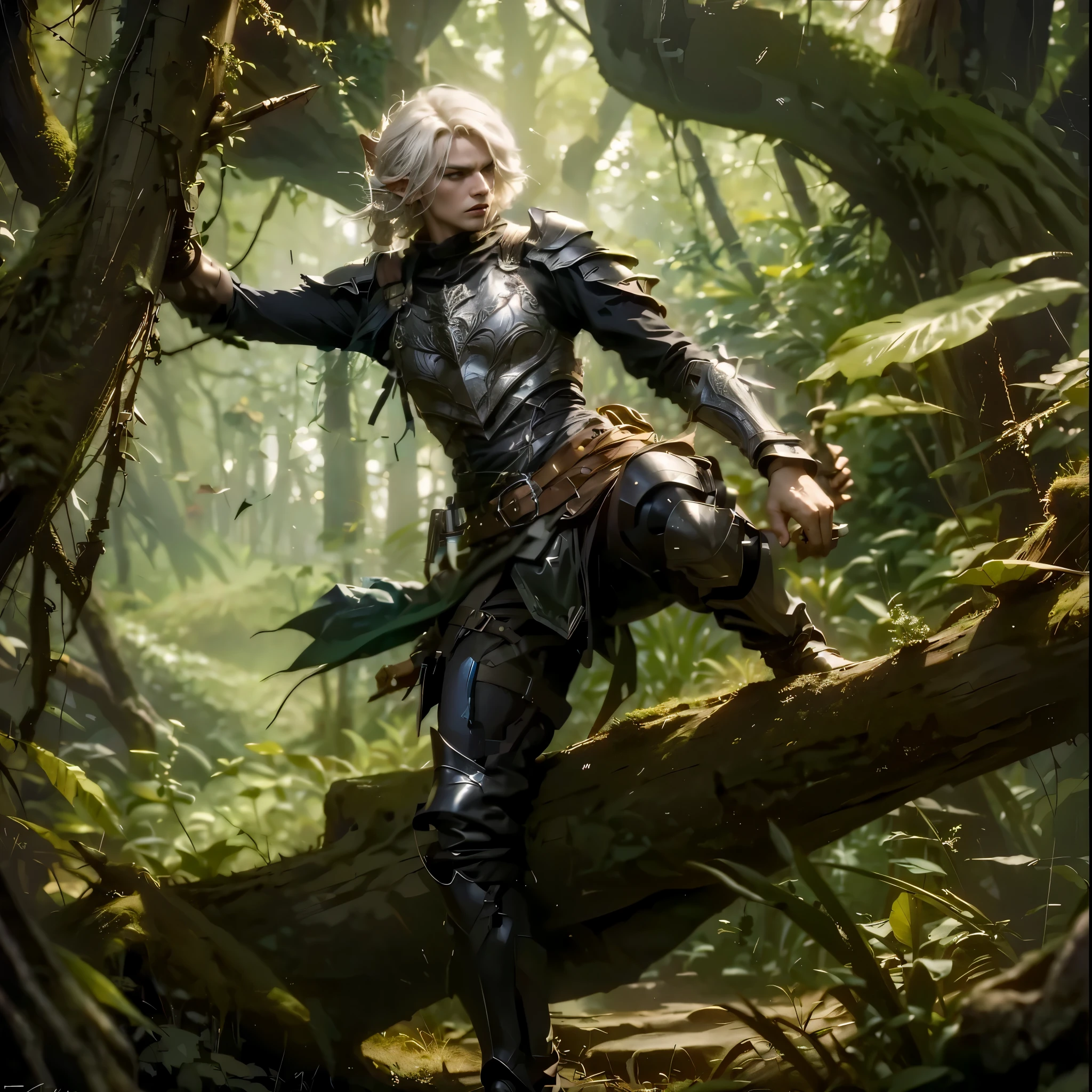 Male elven scout. White hair. Forest backgrount. Dark steel light armor. intense look. posing on top of a tree log