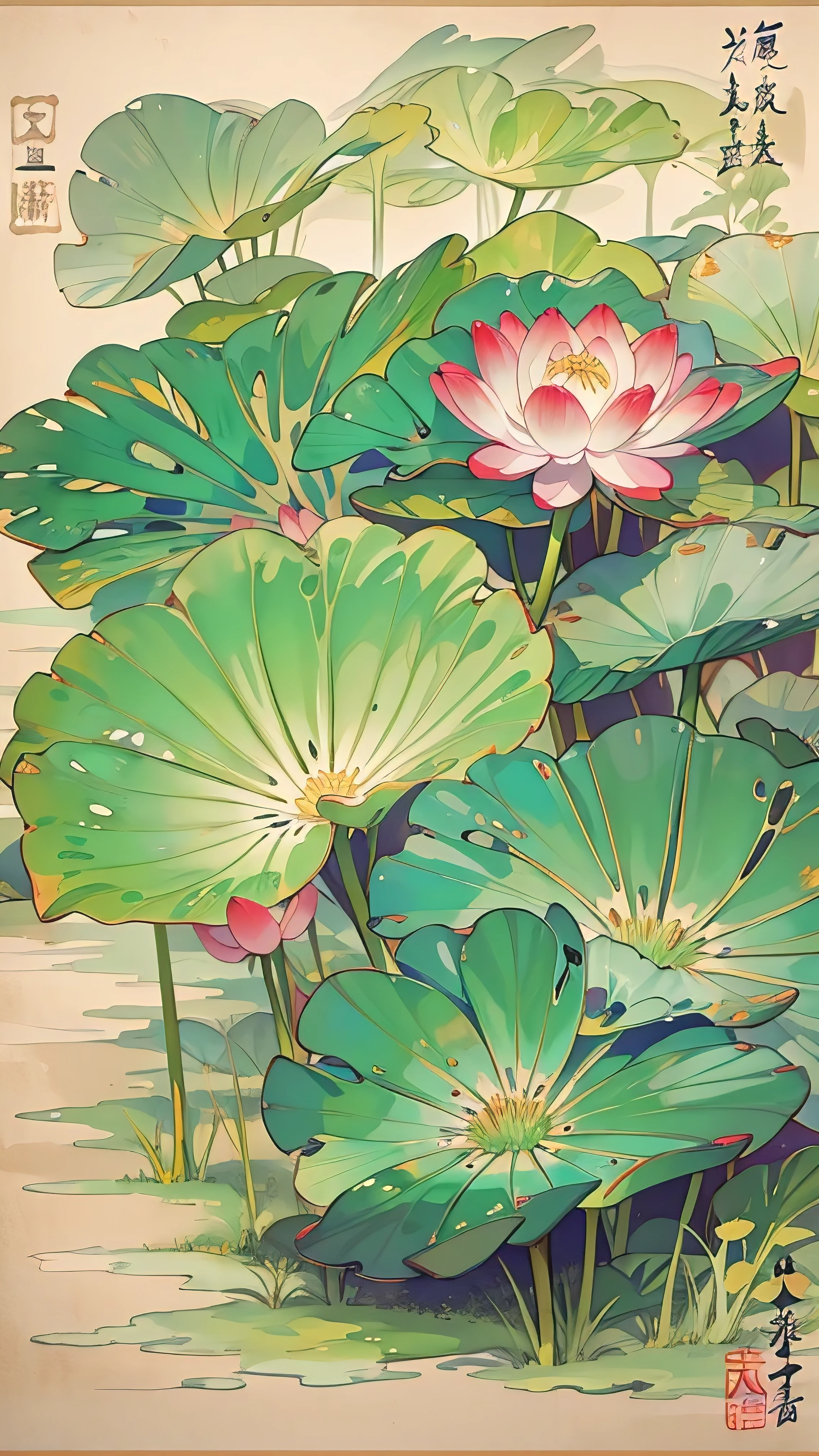big lotus leaf, lotus, ink painting style, clean colors, ink style, soil, Decisive cutting, Blank, unarmed, masterpiece, super detailed, epic work, high quality, best quality, lotus仙子, Ancient, Dunhuang Feitian