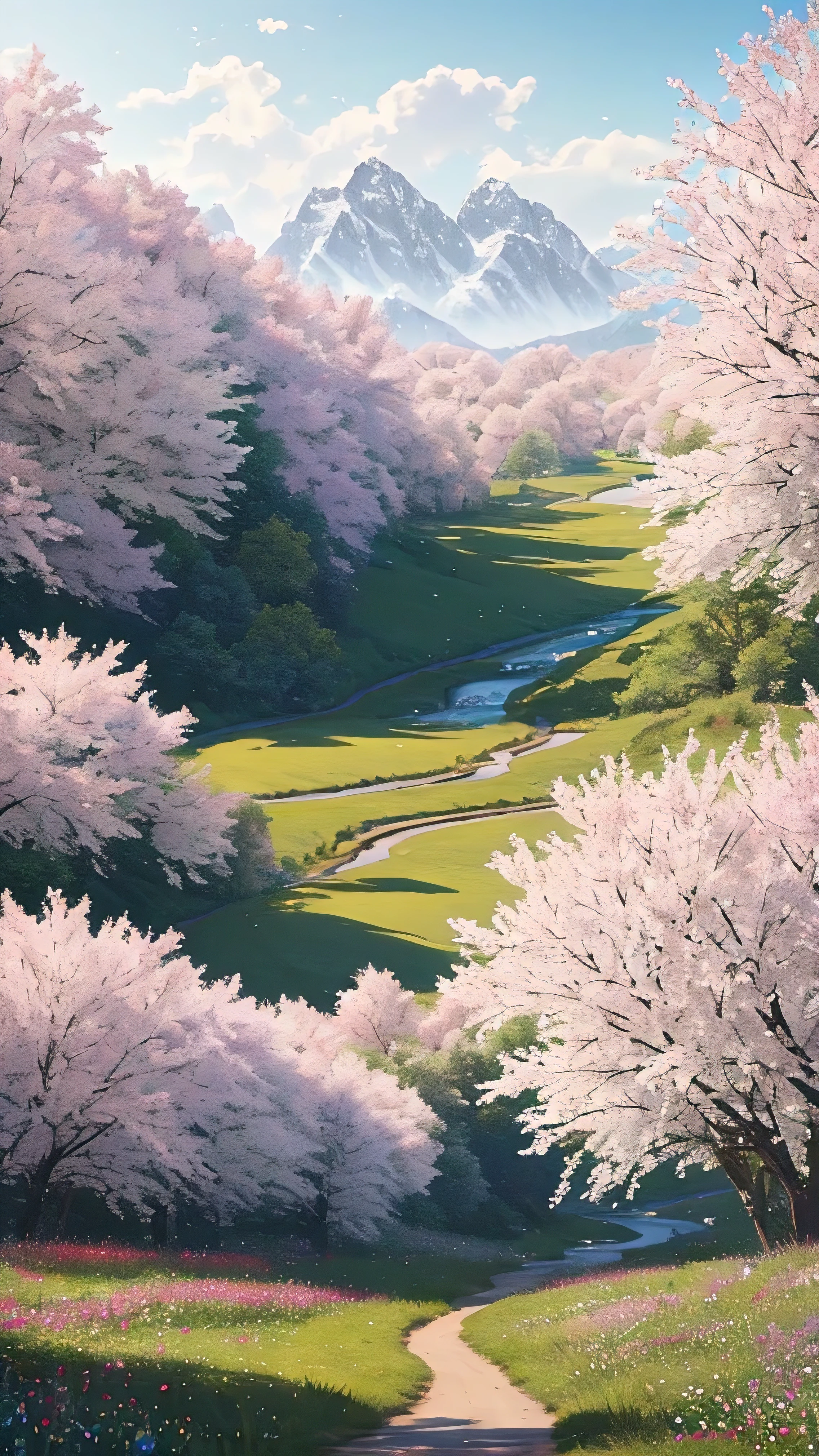 The sunny meadows are filled with wildflowers of all colors, Surrounded by tallness, Lush pink trees,New leaves, breeze blows. in the distance, There is a stream flowing, masterpiece, best quality, high quality, Very detailed Cg Unity 8K wallpaper, painting, Award-winning photography, Bokeh, depth of field, high dynamic range, bloom, Color difference ,lifelike,Very detailed, Popular topics on artstationh, Trending on CGSociety, complicated, high detail, dramatic, midway art