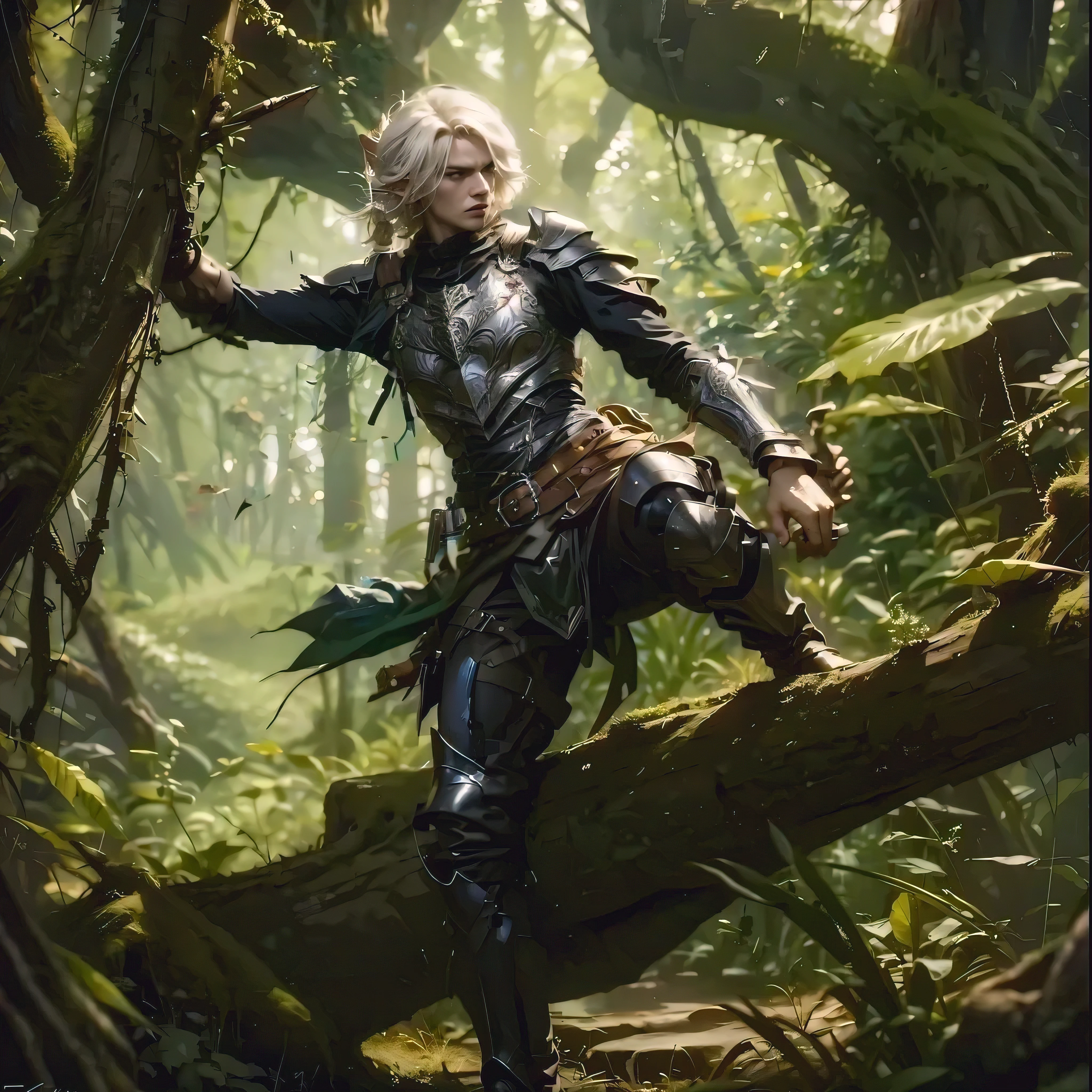 Male elven scout. cabelo branco. Fundo florestal. Dark steel light armor. olhar intenso. posing on top of a tree trunk