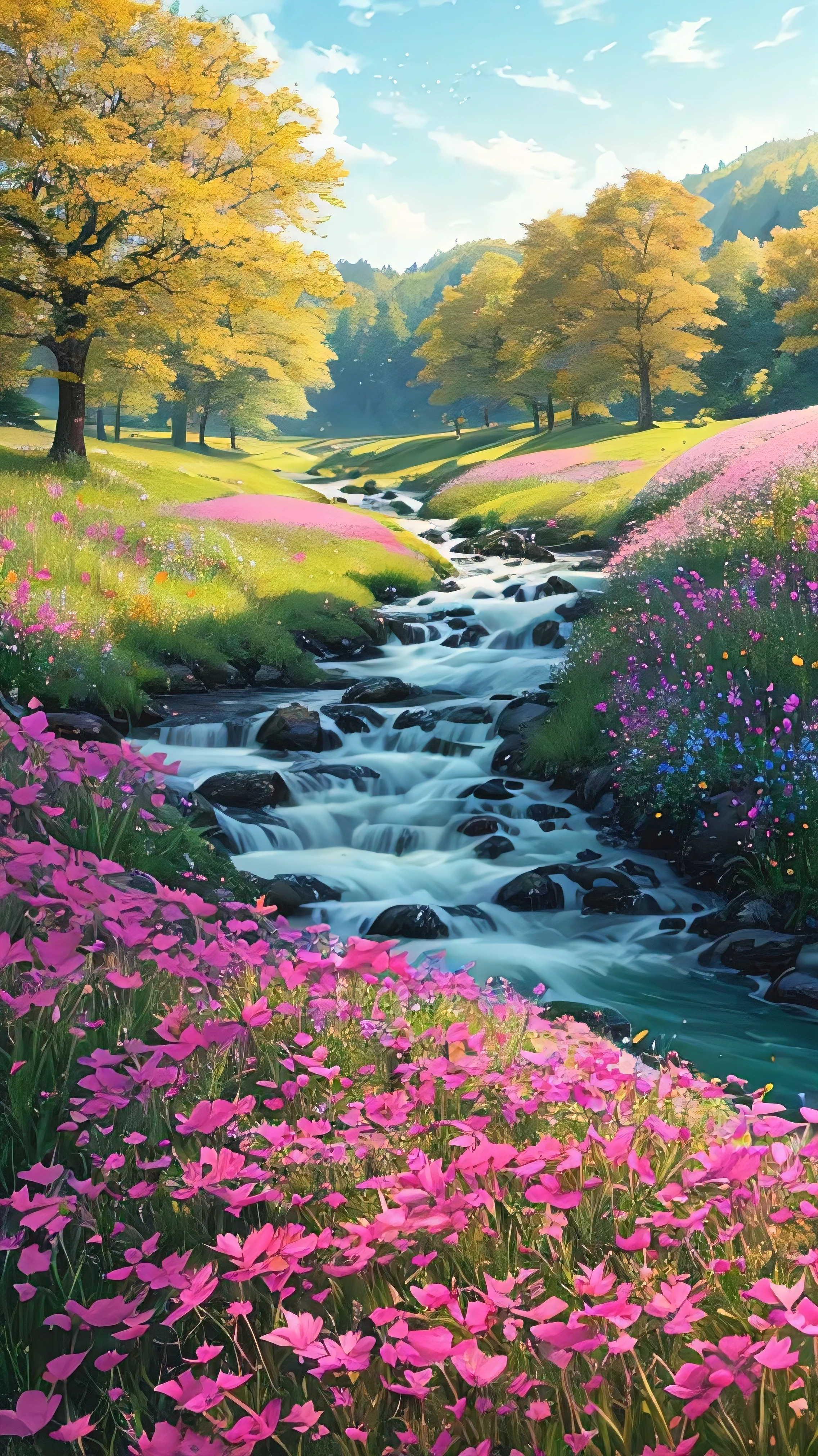 The sunny meadows are filled with wildflowers of all colors, Surrounded by tallness, Lush pink trees,New leaves, breeze blows. in the distance, There is a stream flowing, masterpiece, best quality, high quality, Very detailed Cg Unity 8K wallpaper, painting, Award-winning photography, Bokeh, depth of field, high dynamic range, bloom, Color difference ,lifelike,Very detailed, Popular topics on artstationh, Trending on CGSociety, complicated, high detail, dramatic, midway art