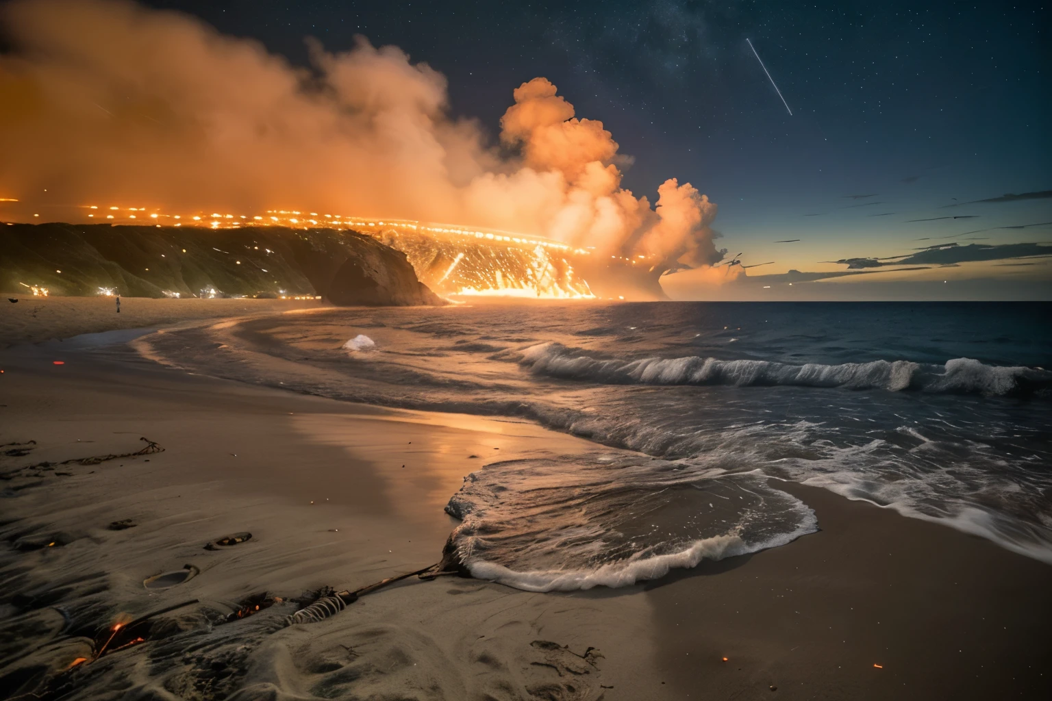 Beach bonfires glowing against the night sky