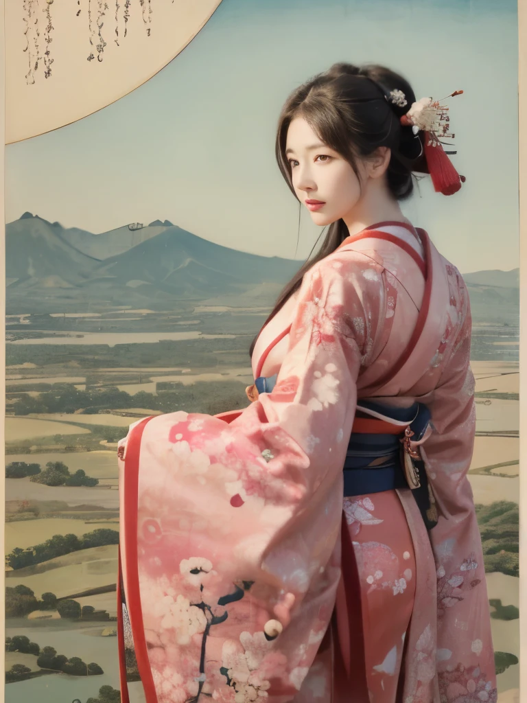 (background：Cherry blossoms on the mountain are covered with mist)((Ukiyo-e))japanese art,or period,tokyo art, lily,Natural landscape.(masseter membrane、top quality、Ukiyo-e style、mystery、Exquisite and beautiful、official art、Sharaku:1.2)、(1 japanese girl in:1.3)、(fractal art:1.3)、cowboy shooting、White skin、(beautiful brunette、kimono:1.2)、以日本传统表演艺术为background、colorful、(reel、Belongs to Japanese style:1.2)、